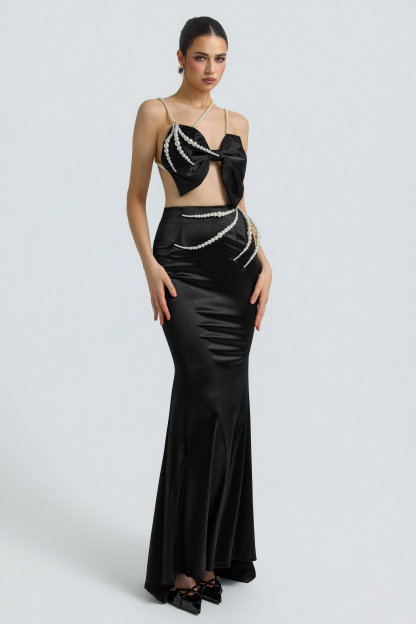 Faux Pearl Bow Top& High Waist Maxi Skirt Set