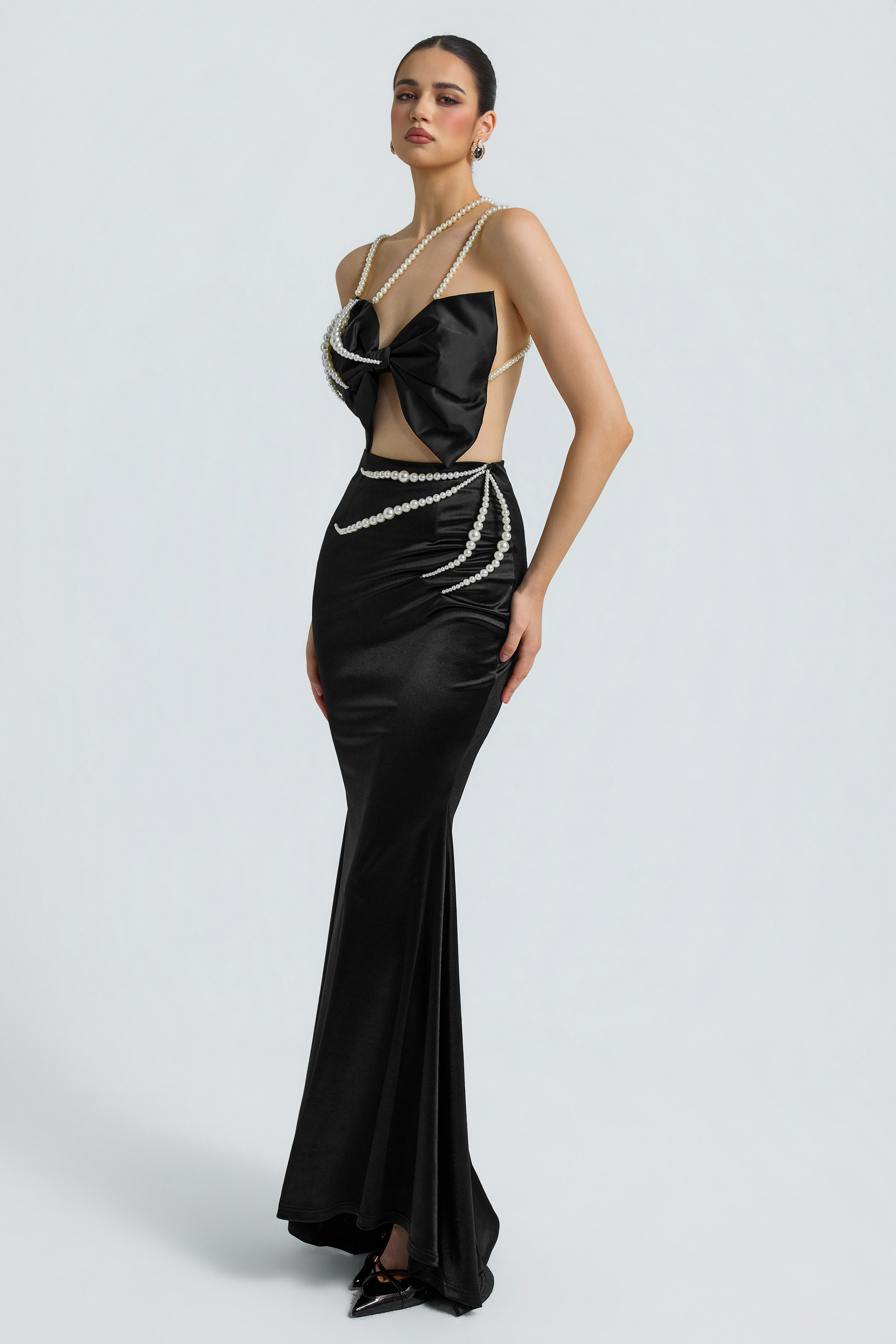 Faux Pearl Bow Top& High Waist Maxi Skirt Set