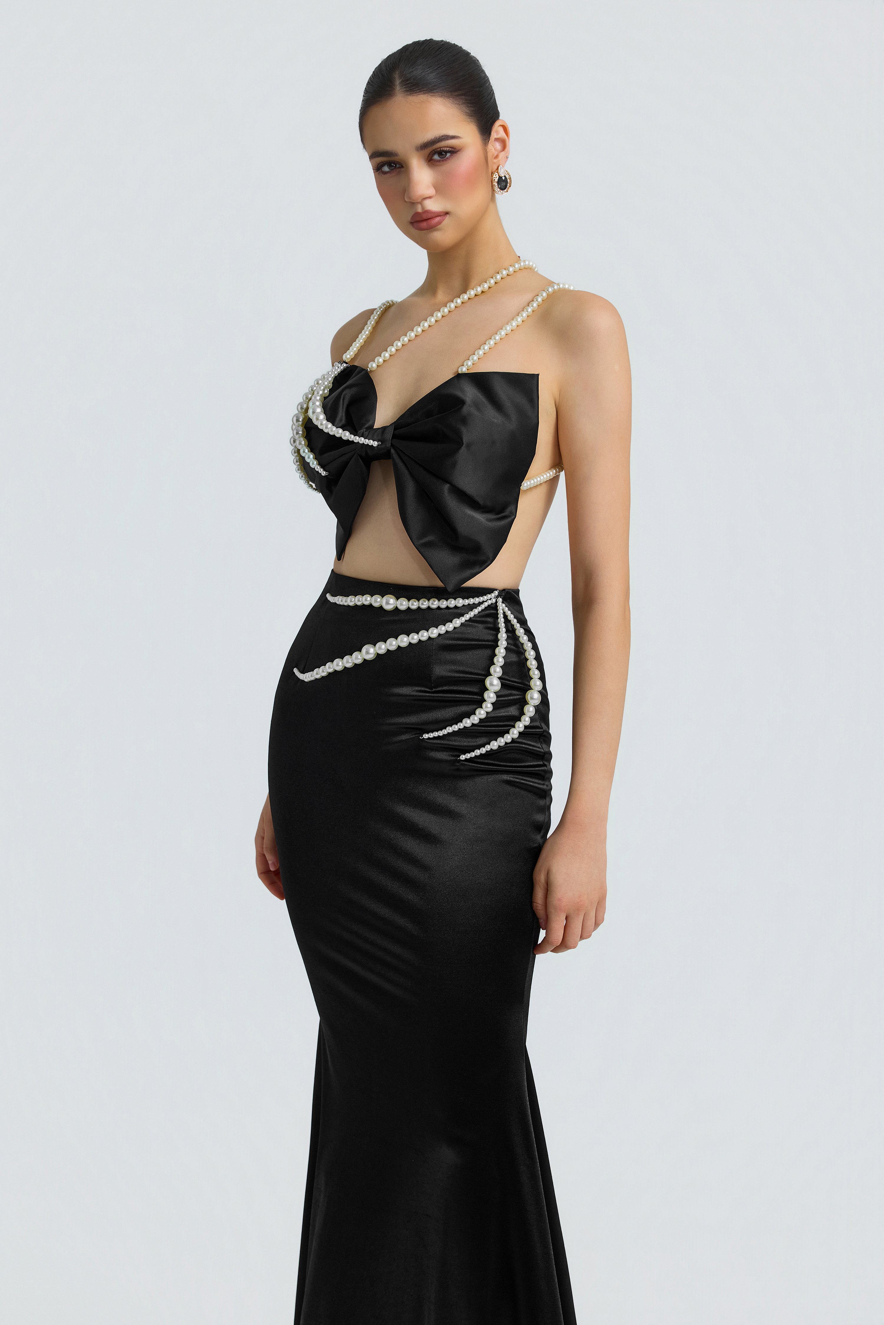 Faux Pearl Bow Top& High Waist Maxi Skirt Set