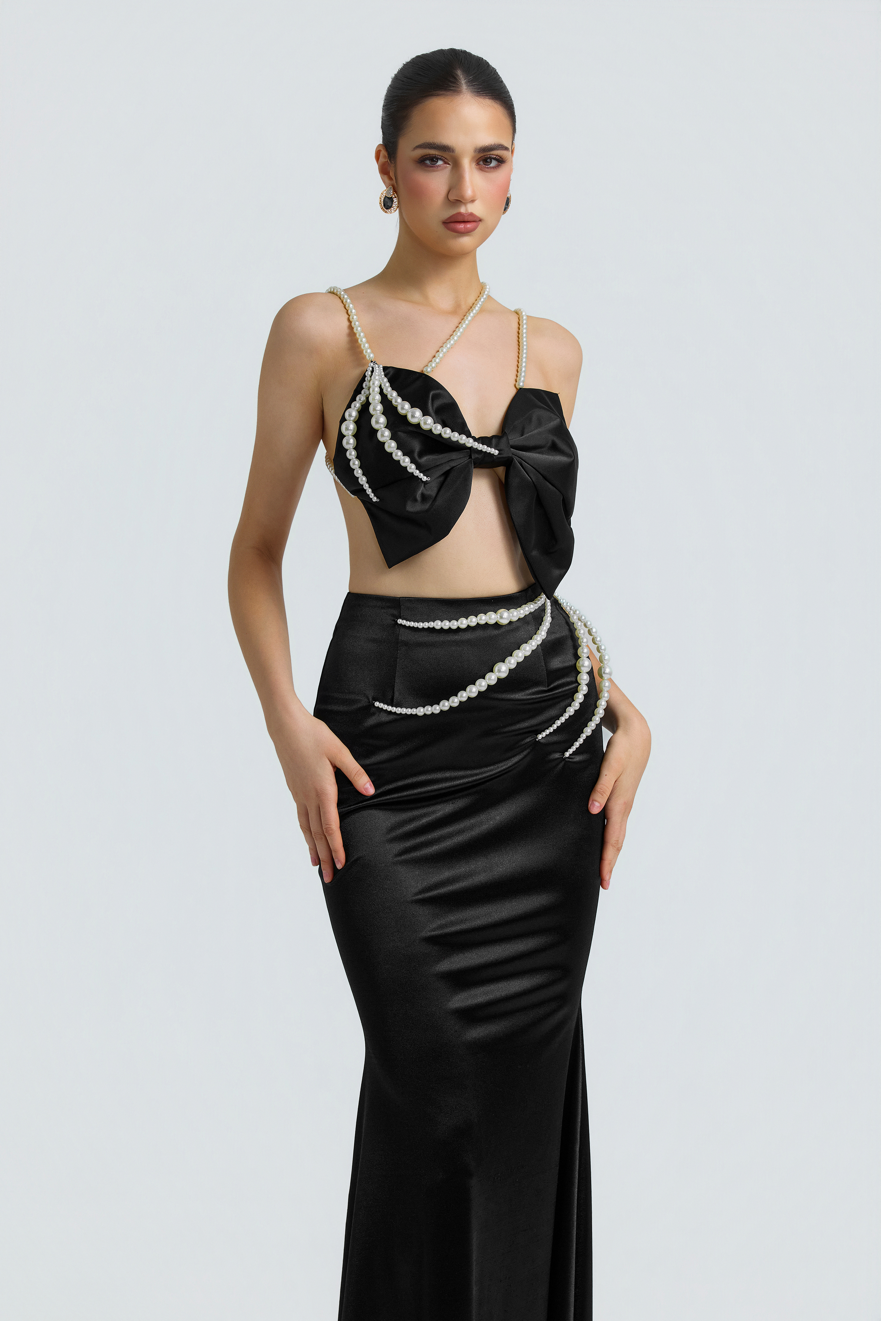 Faux Pearl Bow Top& High Waist Maxi Skirt Set