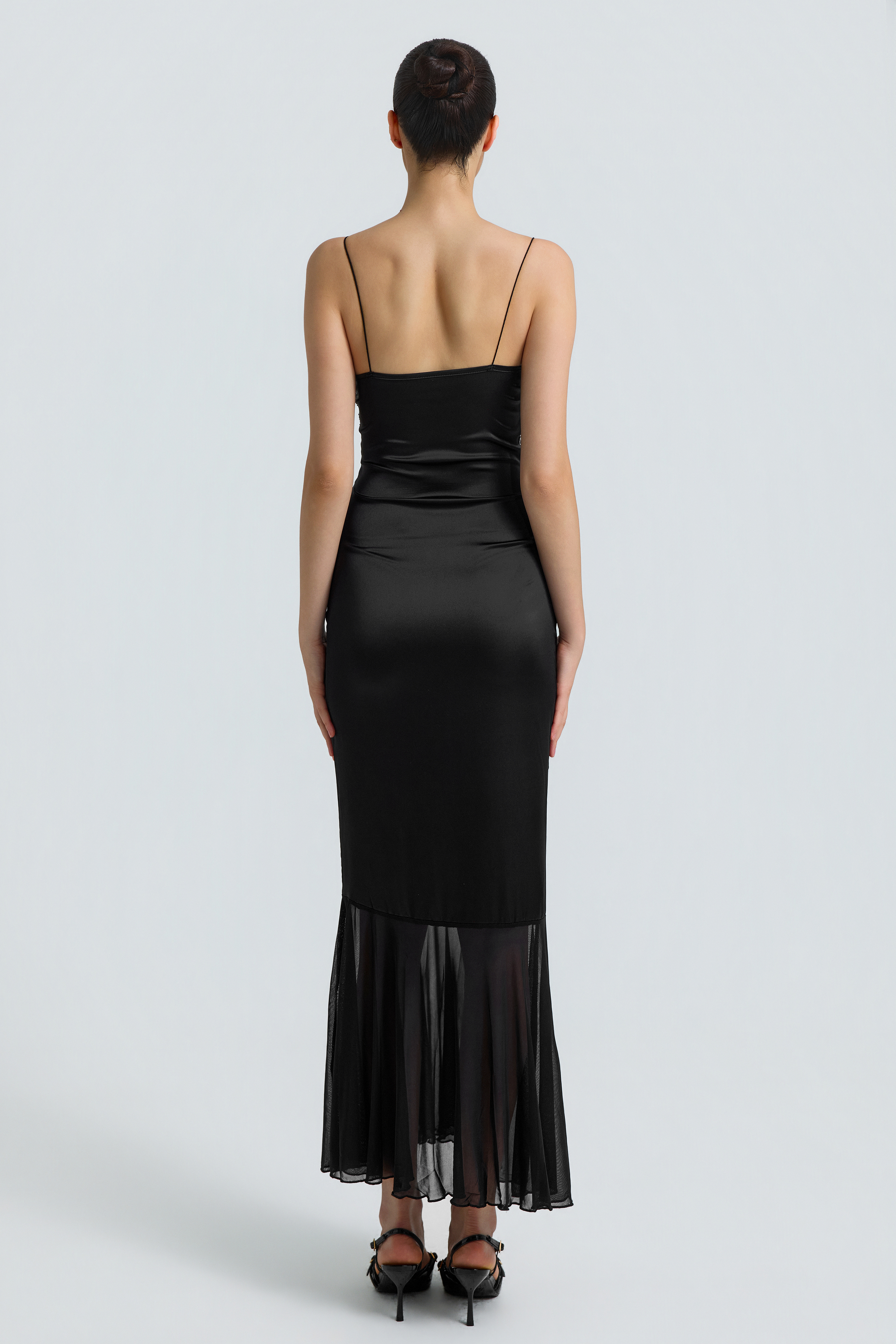 Lace Splicing Satin Ruffle Midi Dress