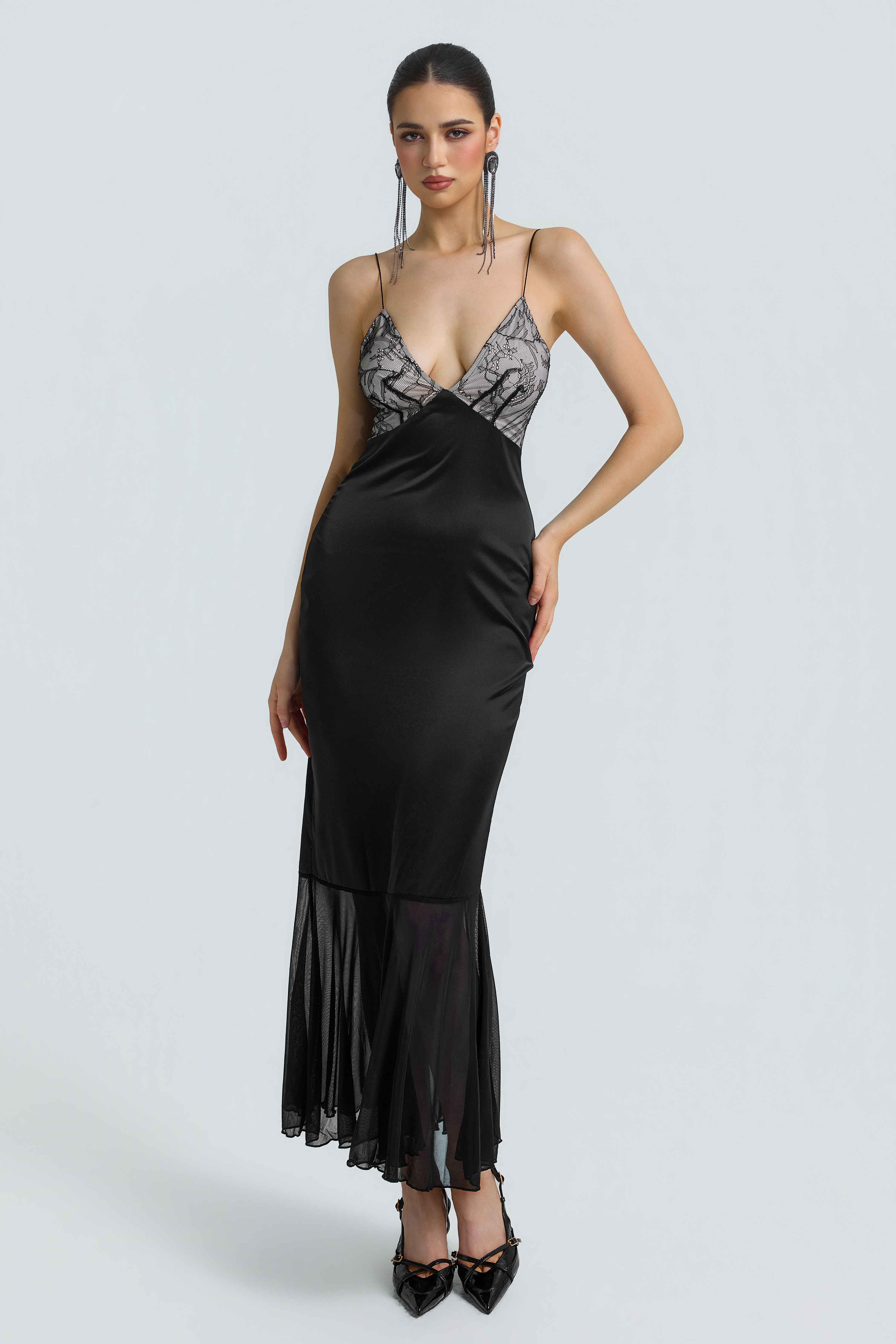Lace Splicing Satin Ruffle Midi Dress