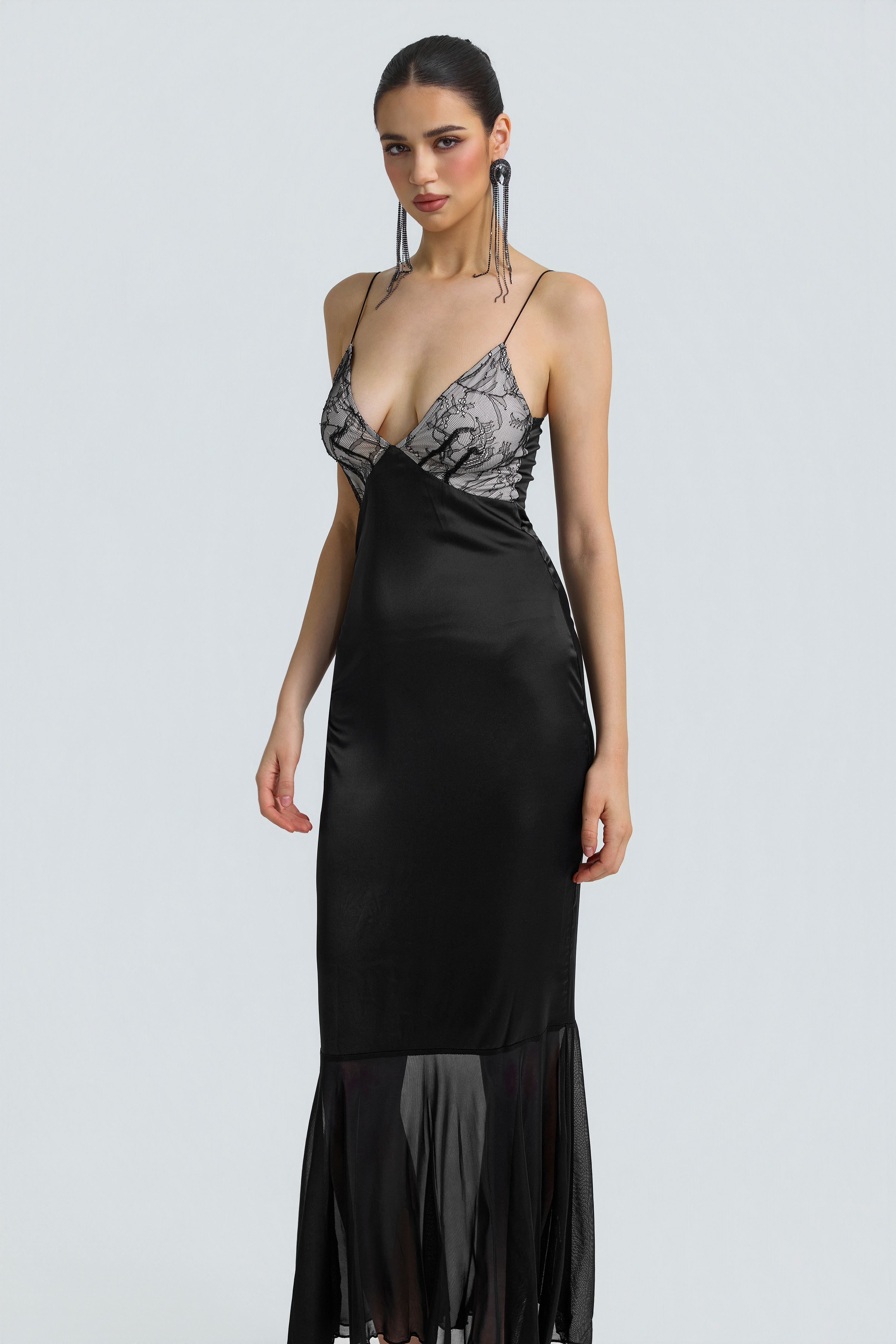 Lace Splicing Satin Ruffle Midi Dress