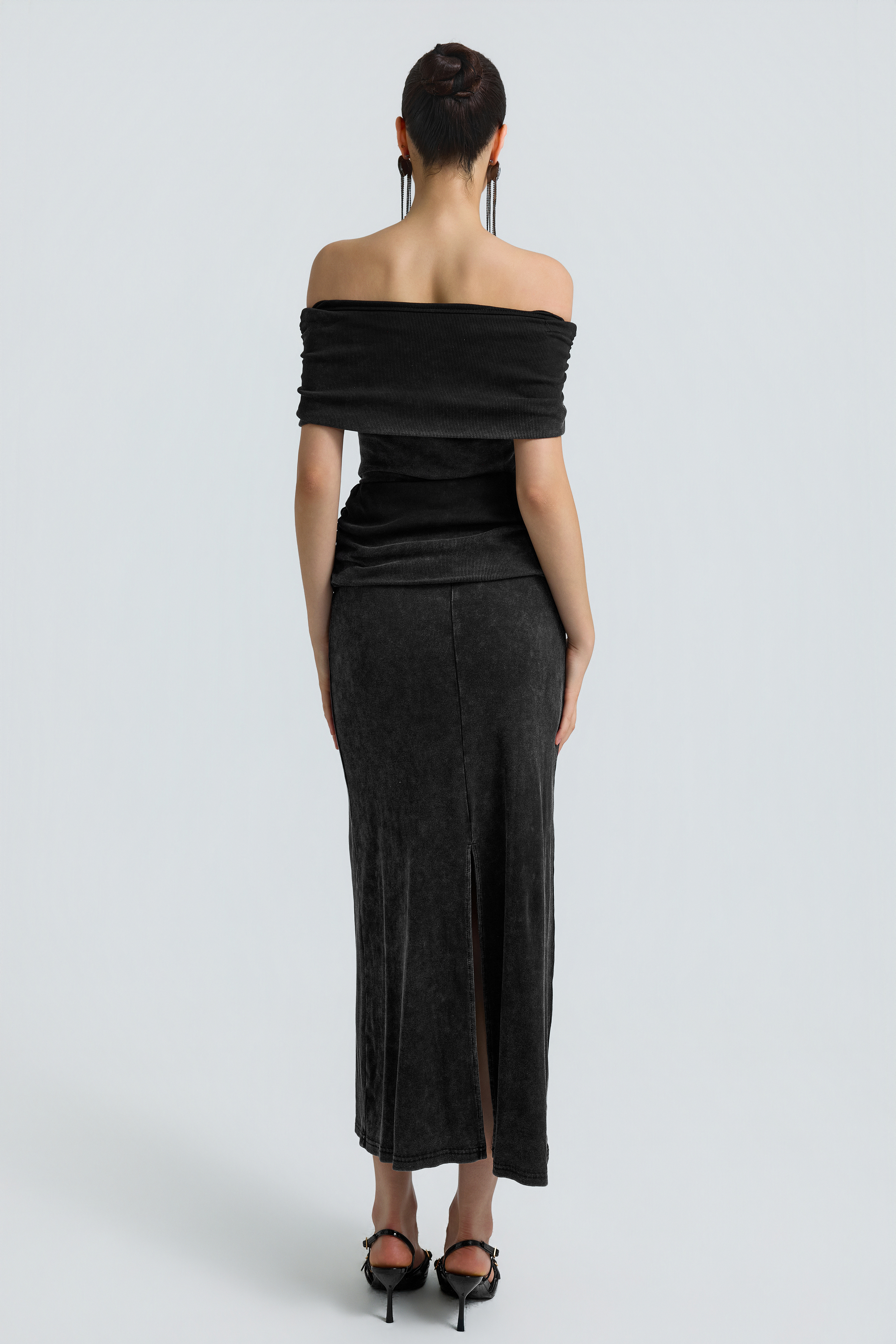 Denim Texture Off Shoulder Metal Button Maxi Skirt Set