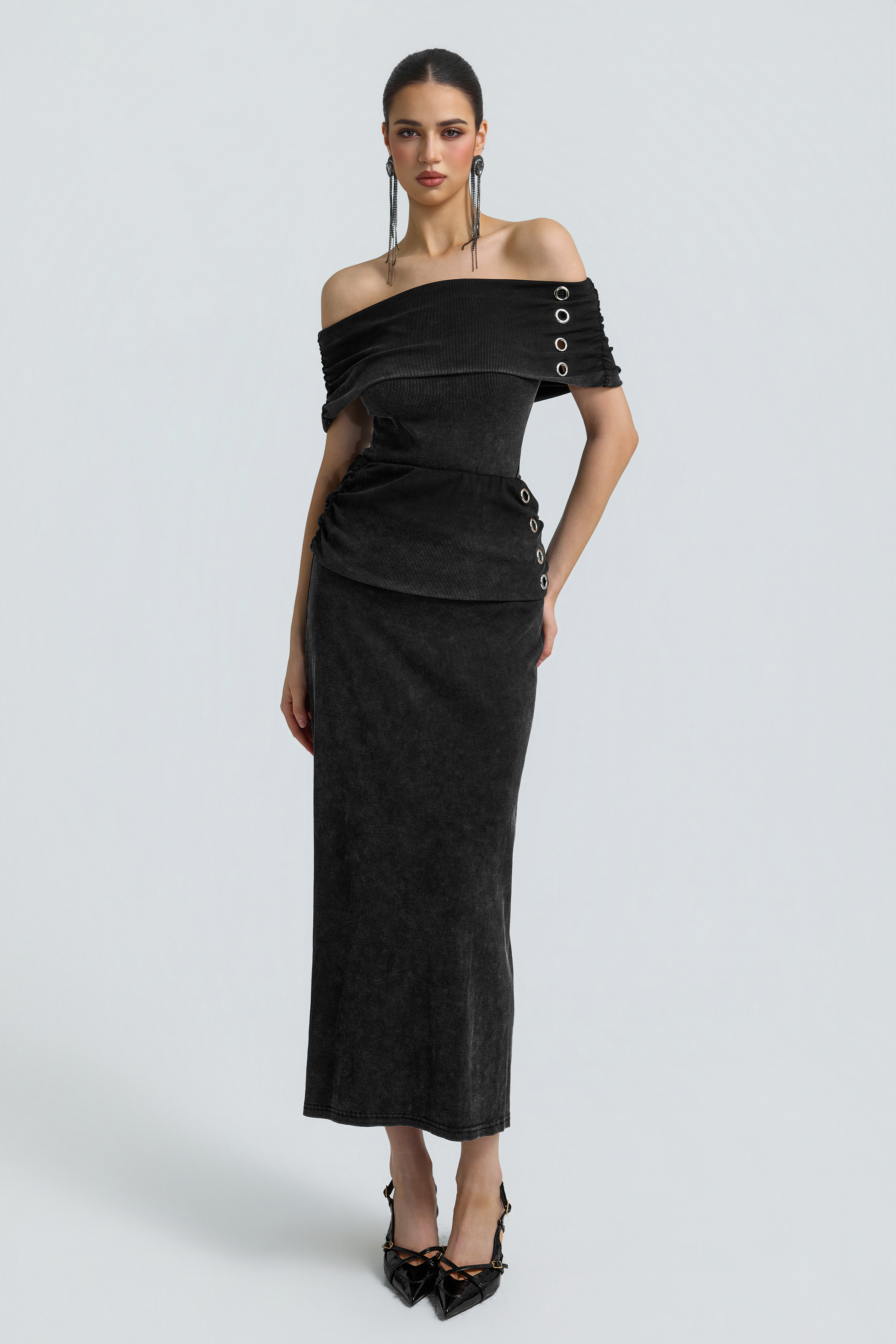 Denim Texture Off Shoulder Metal Button Maxi Skirt Set