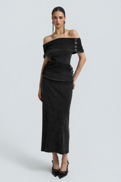 Denim Texture Off Shoulder Metal Button Maxi Skirt Set