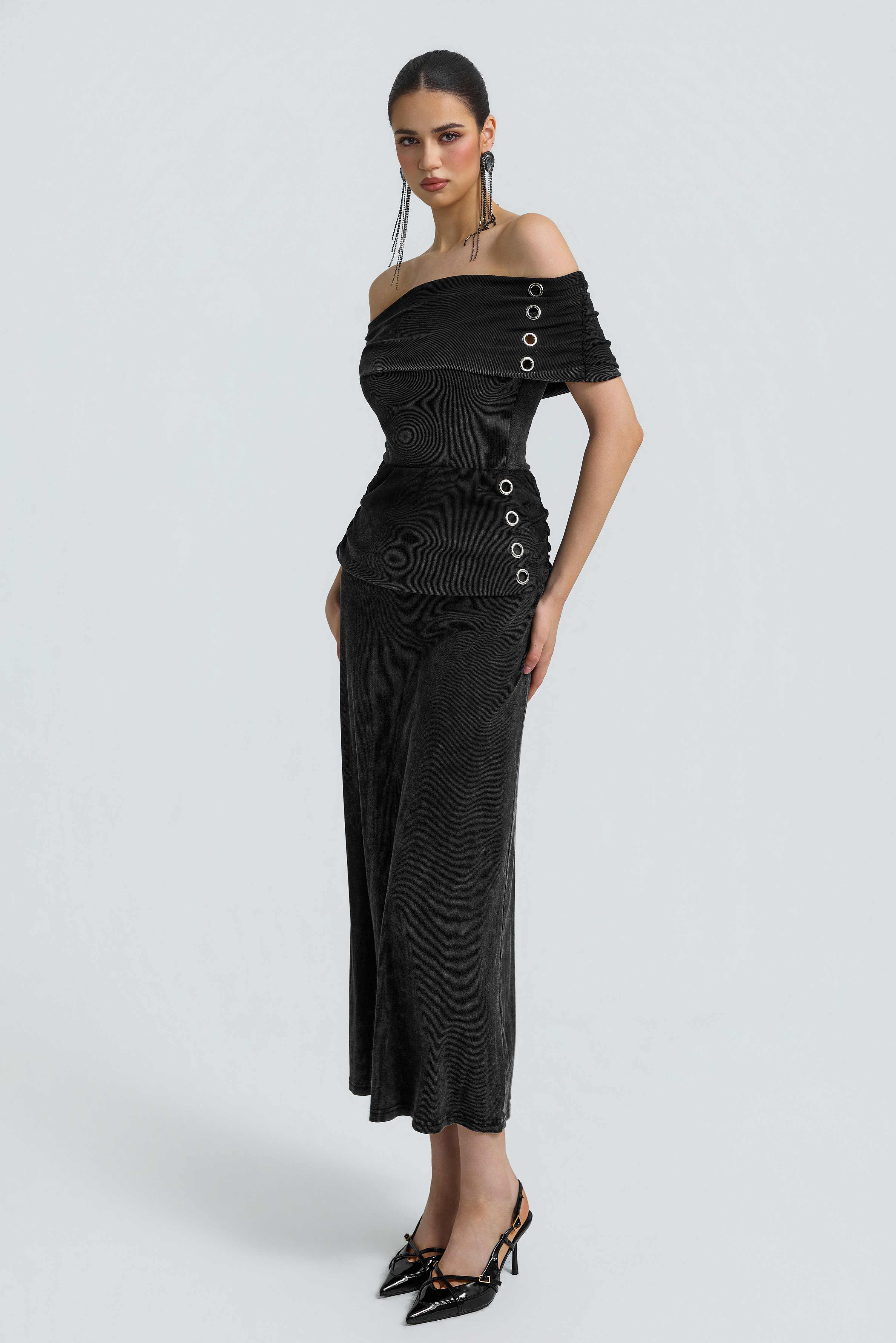 Denim Texture Off Shoulder Metal Button Maxi Skirt Set
