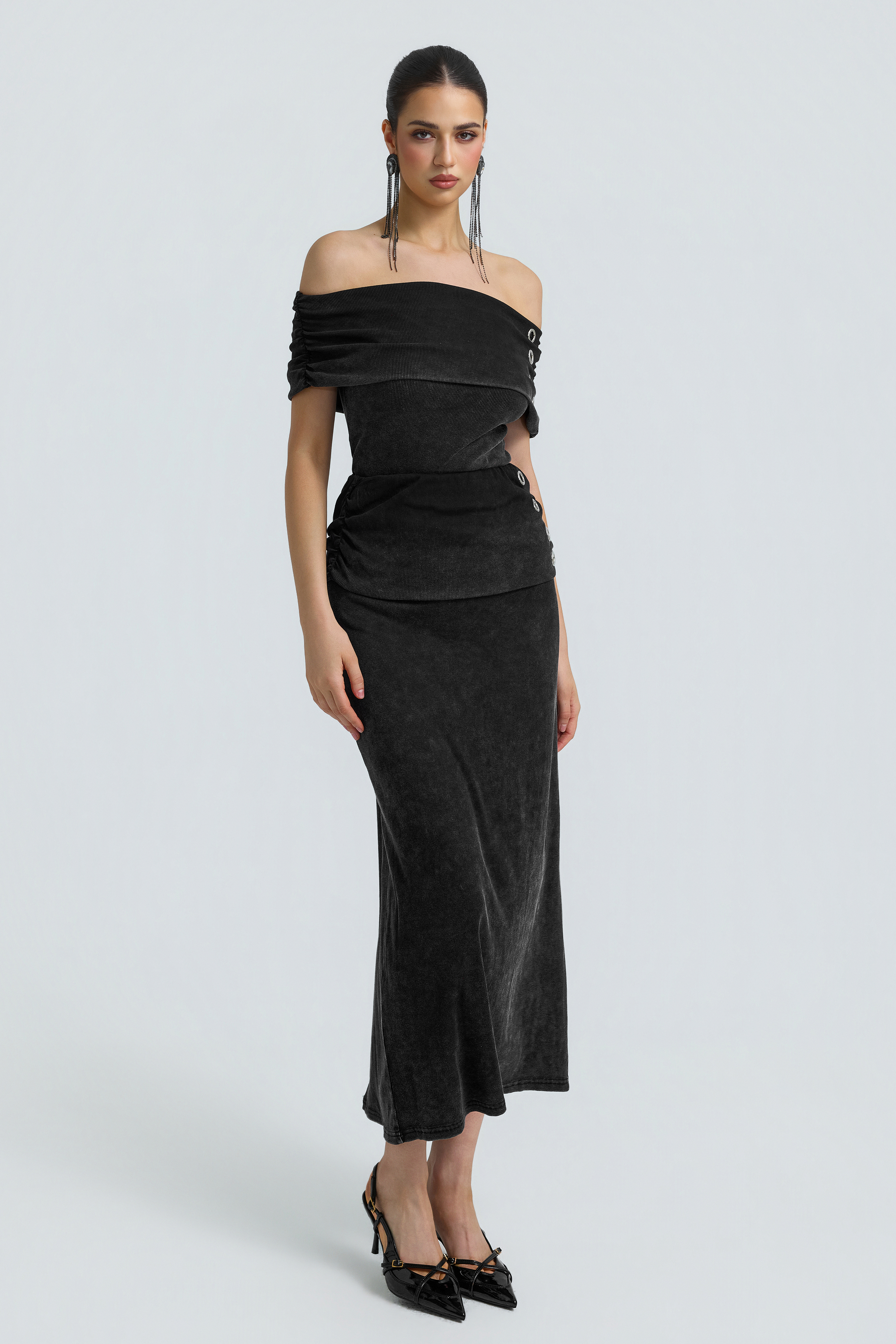 Denim Texture Off Shoulder Metal Button Maxi Skirt Set