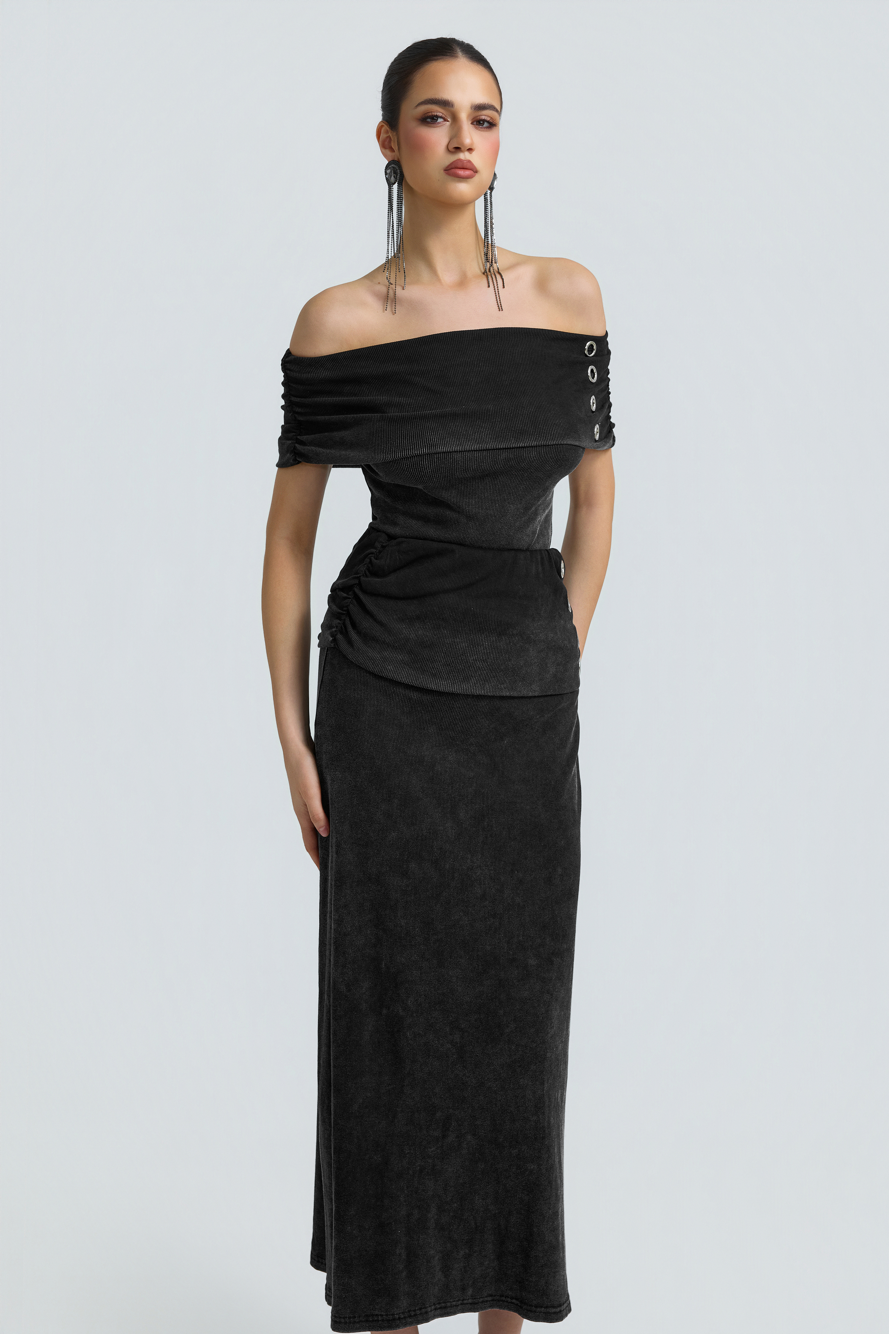 Denim Texture Off Shoulder Metal Button Maxi Skirt Set