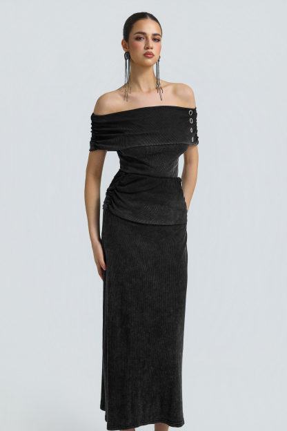 Denim Texture Off Shoulder Metal Button Maxi Skirt Set