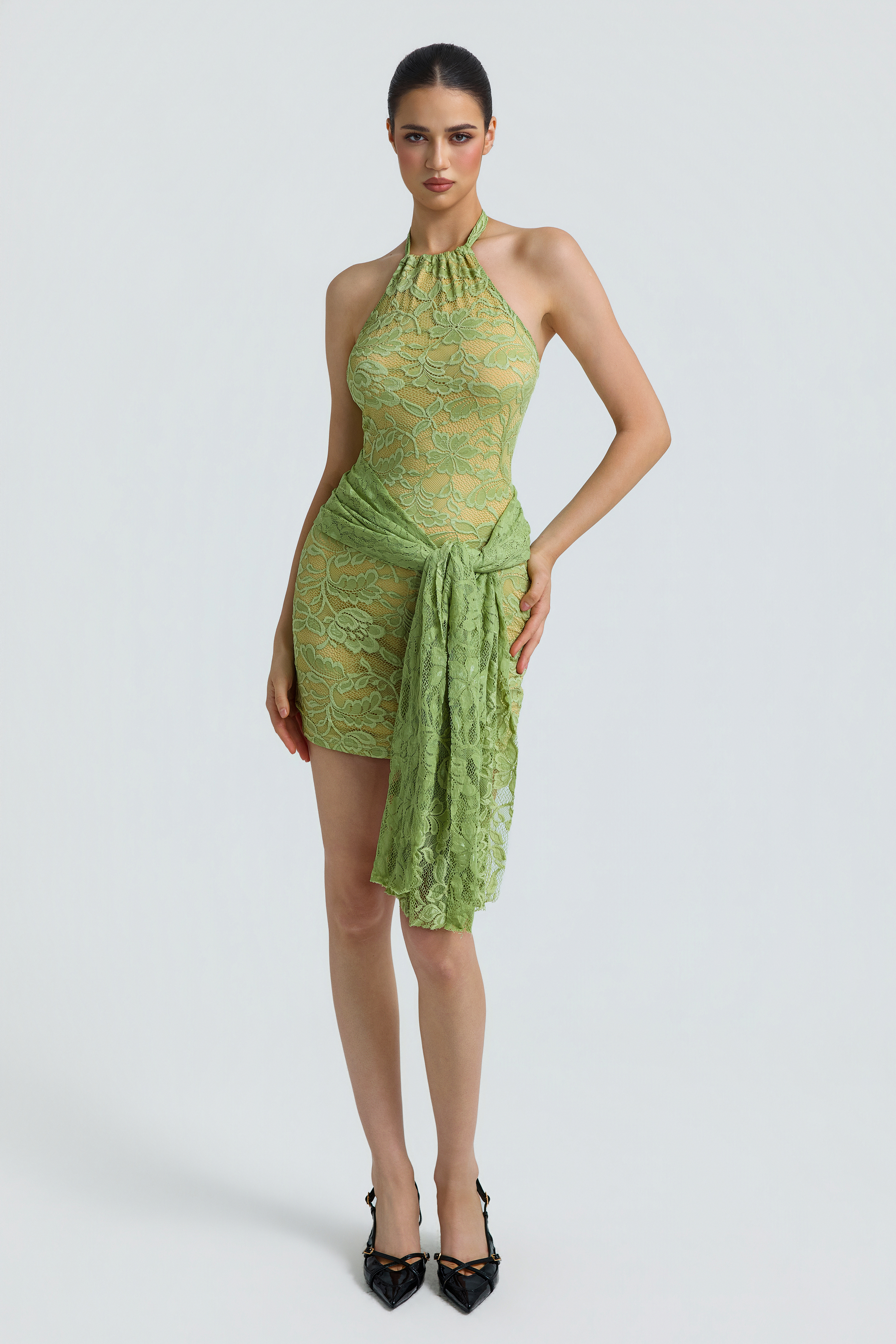 Lace Halter Neck Tie-Up Mini Dress