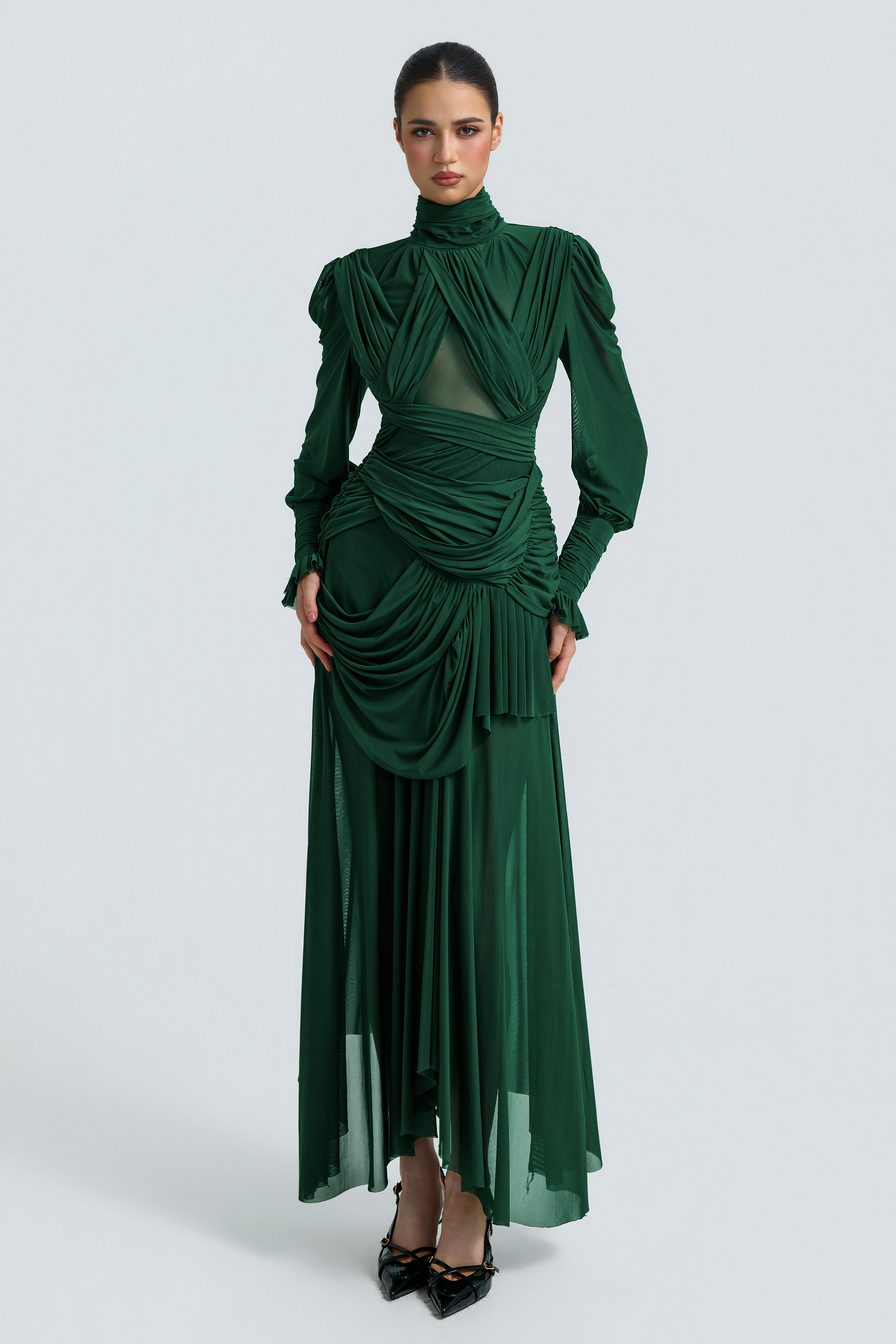 Mesh See-Through Gathering Maxi Dress