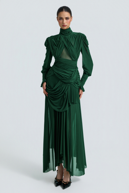 Mesh See-Through Gathering Maxi Dress