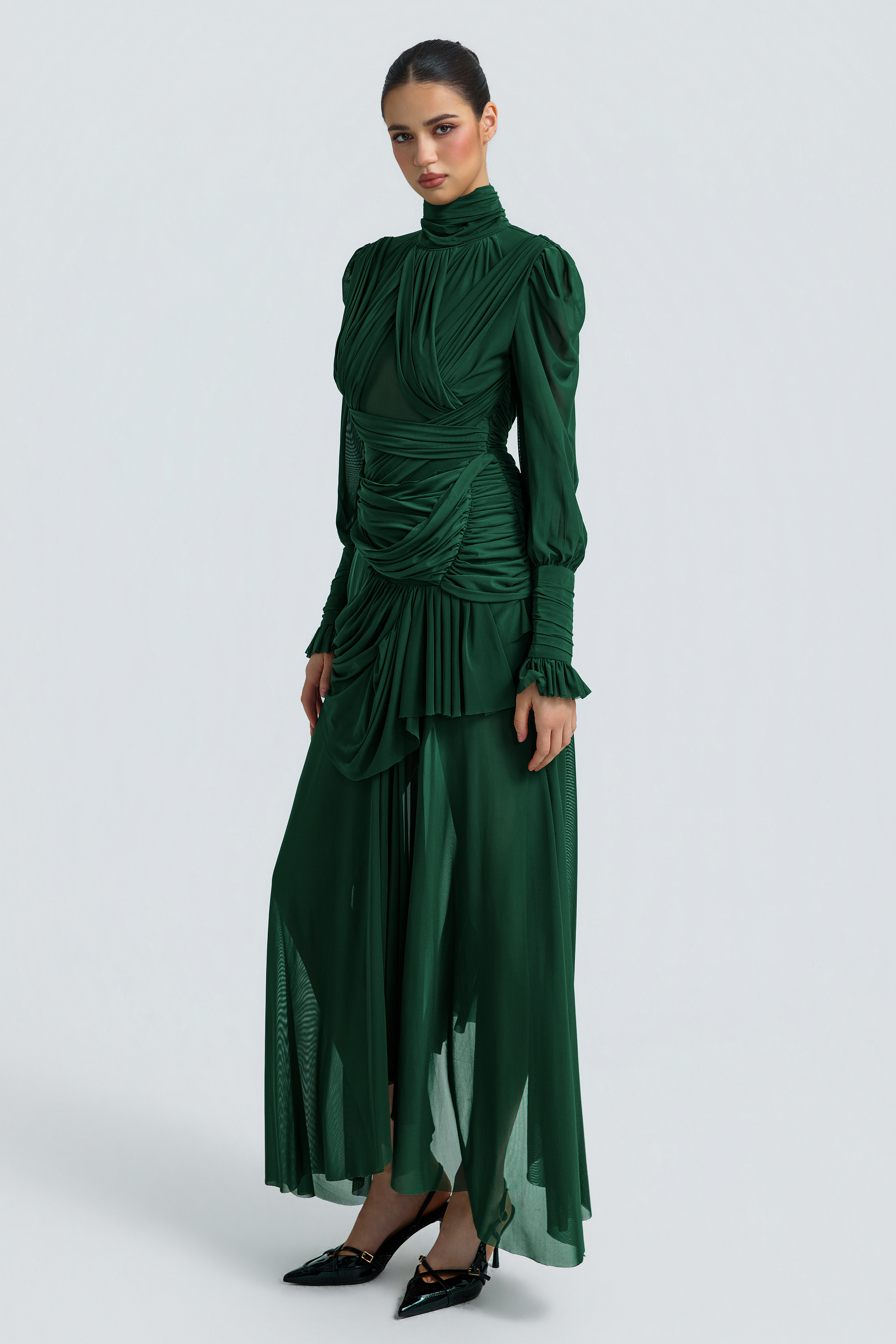 Mesh See-Through Gathering Maxi Dress