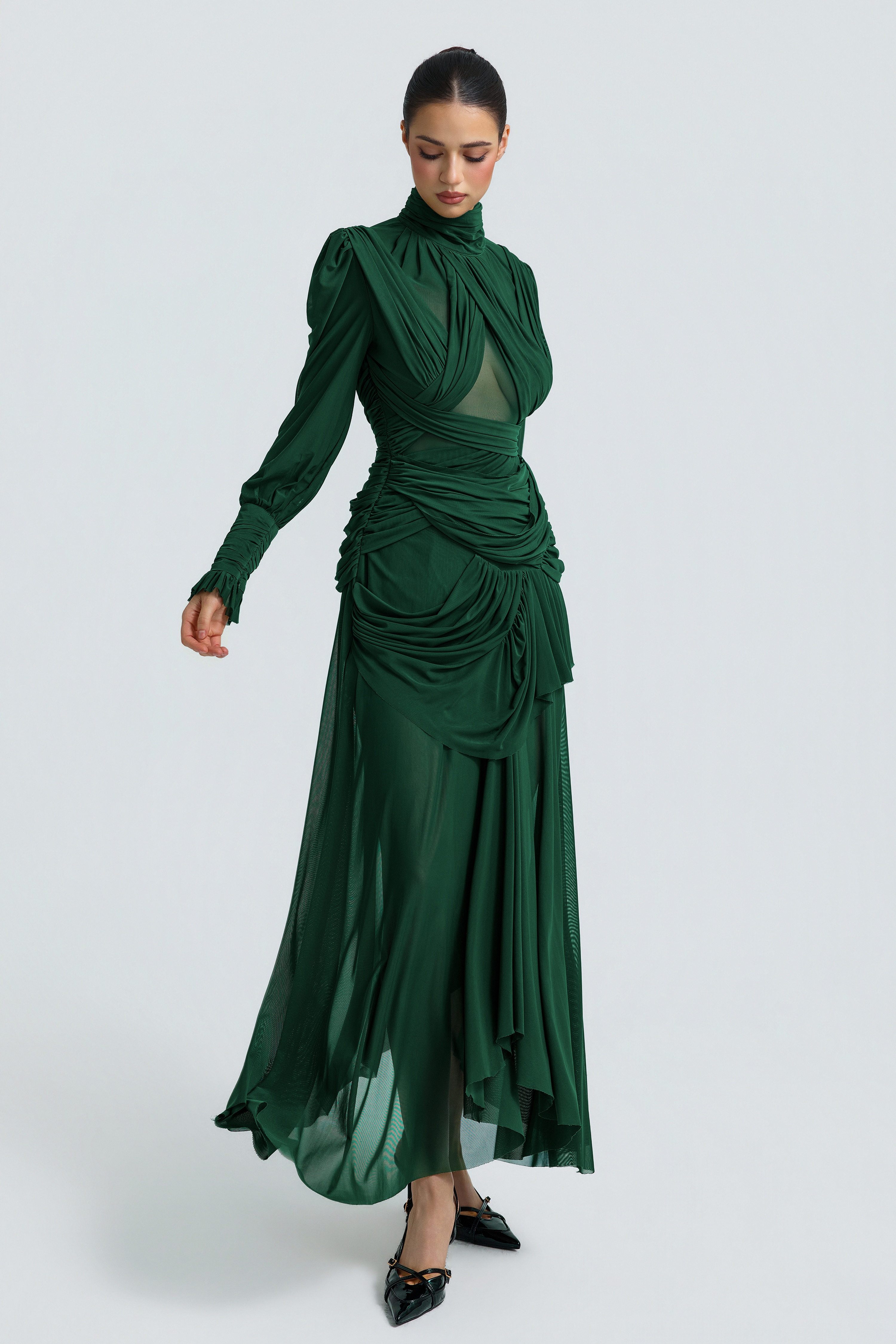 Mesh See-Through Gathering Maxi Dress