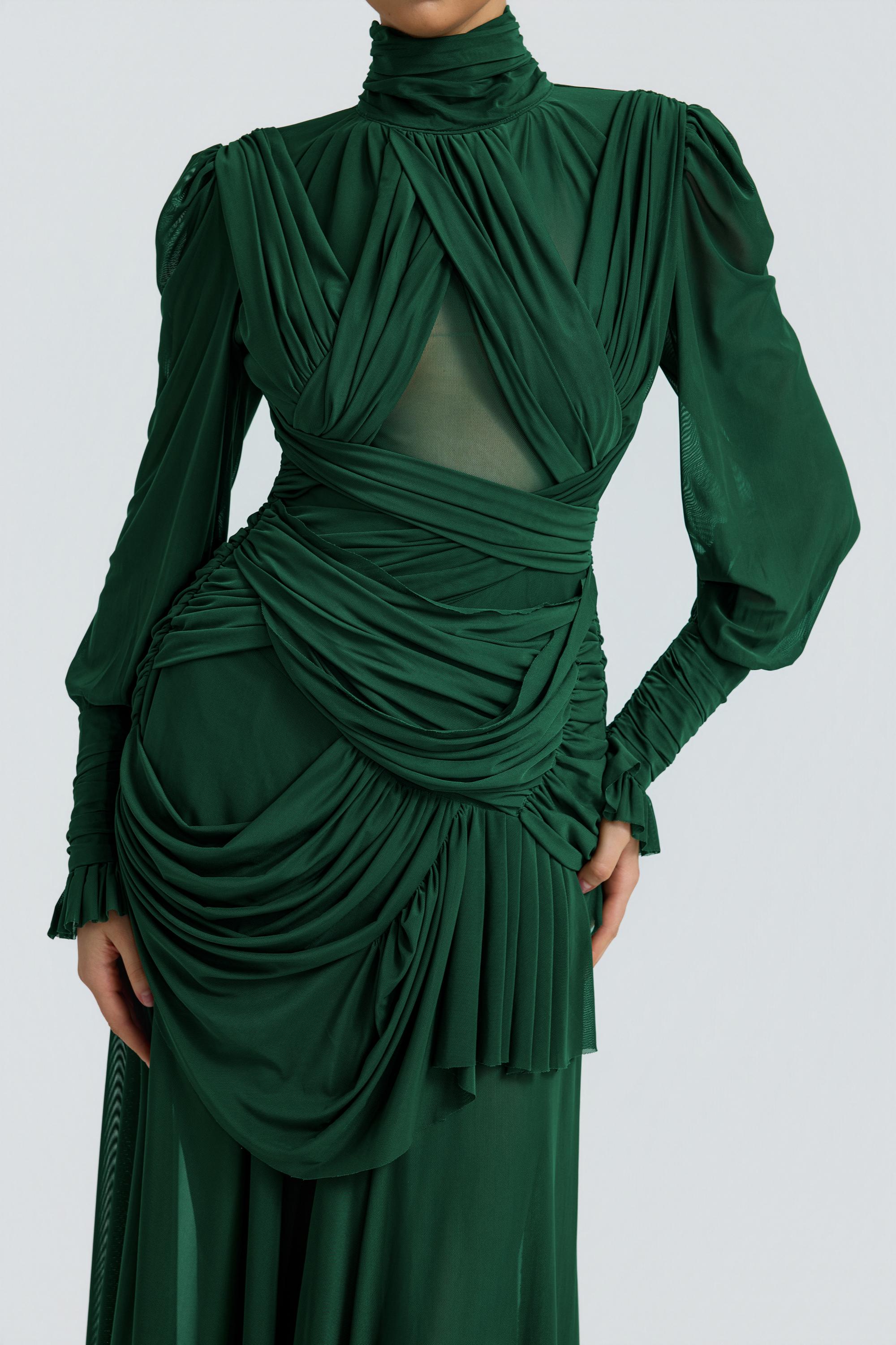 Mesh See-Through Gathering Maxi Dress