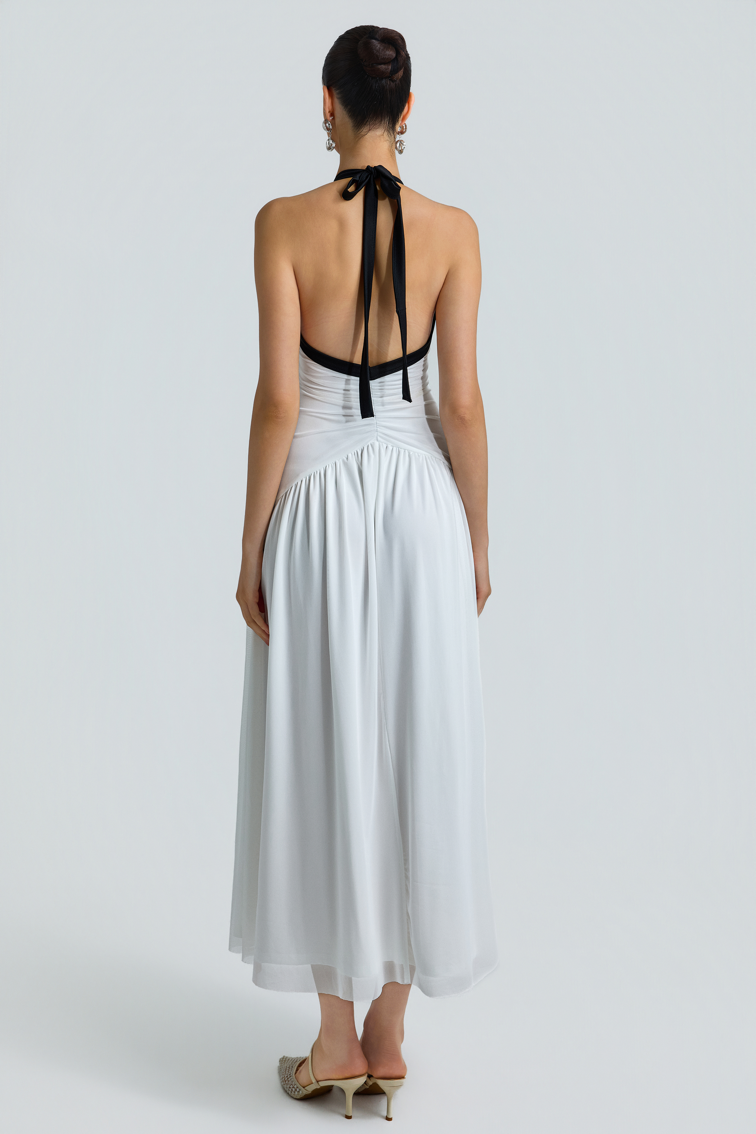 Mesh V-Neck Gathering Midi Dress