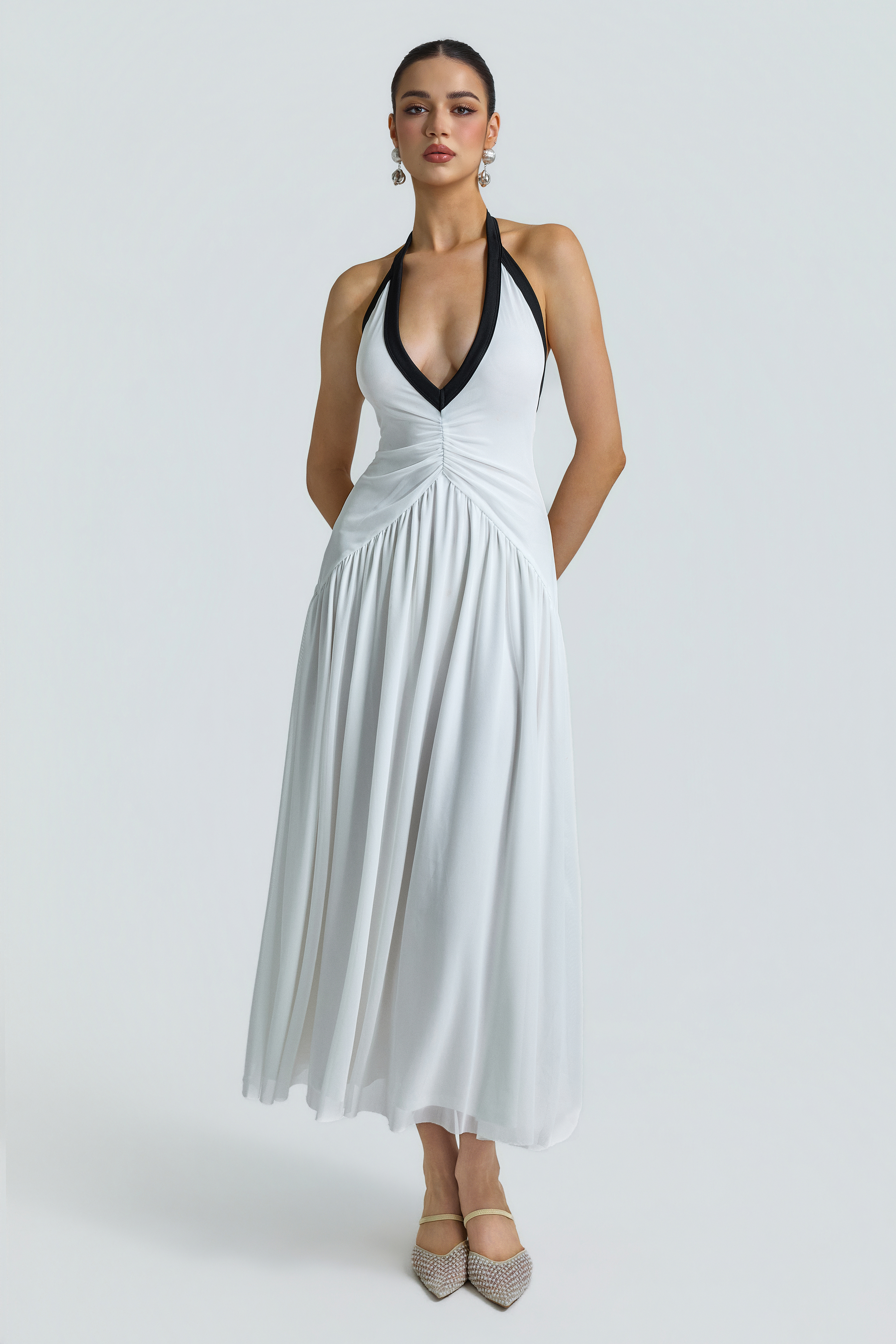 Mesh V-Neck Gathering Midi Dress