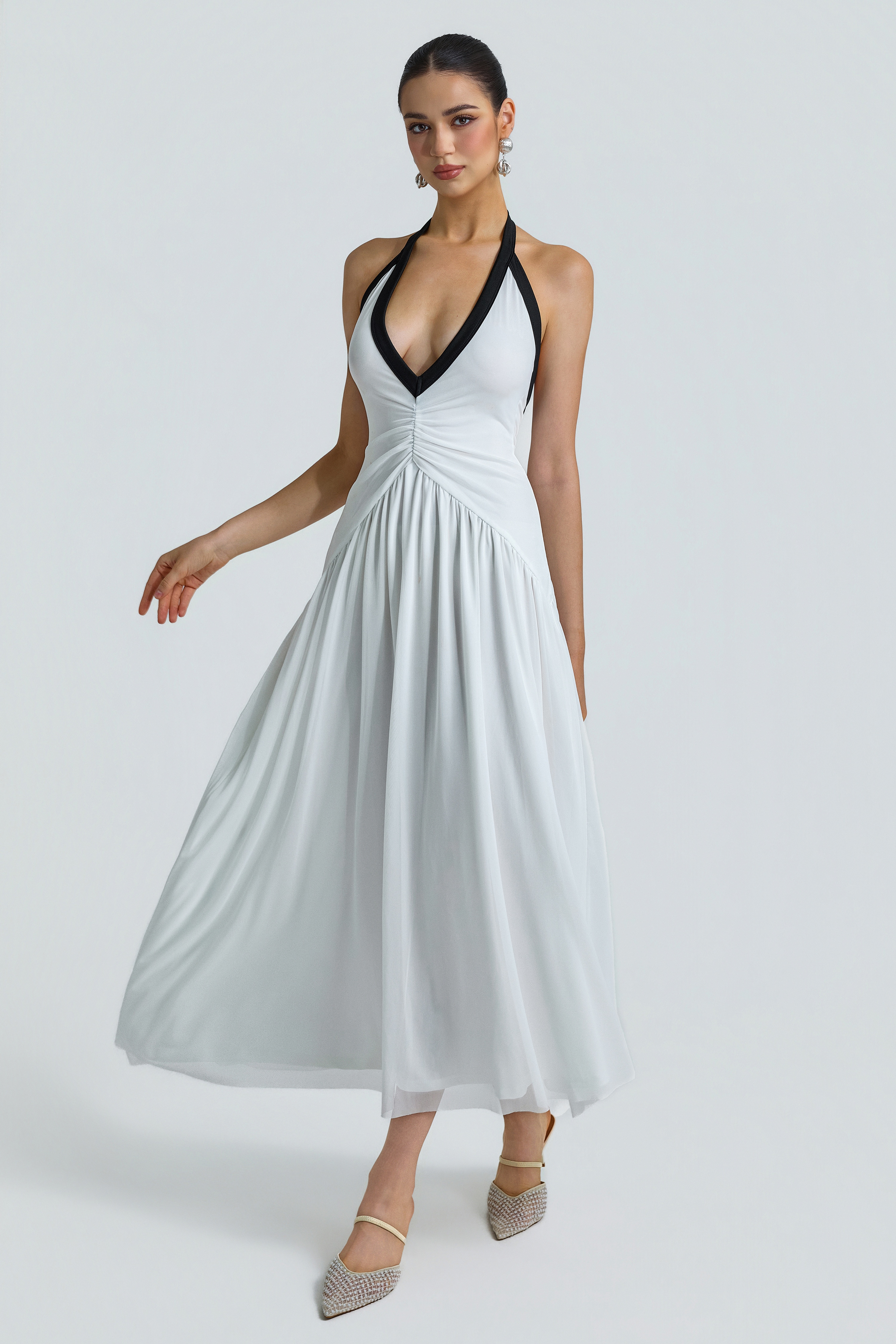 Mesh V-Neck Gathering Midi Dress