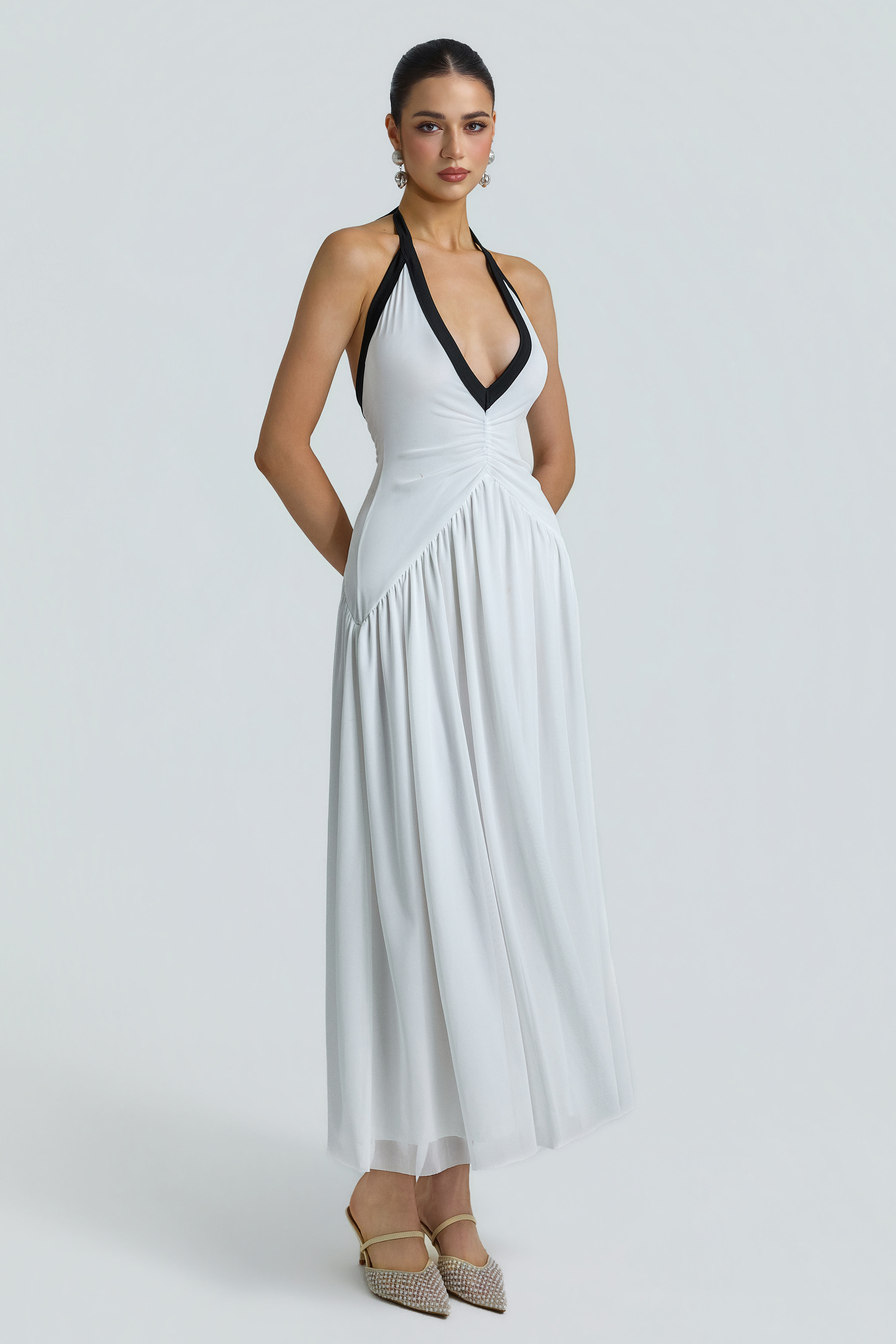 Mesh V-Neck Gathering Midi Dress