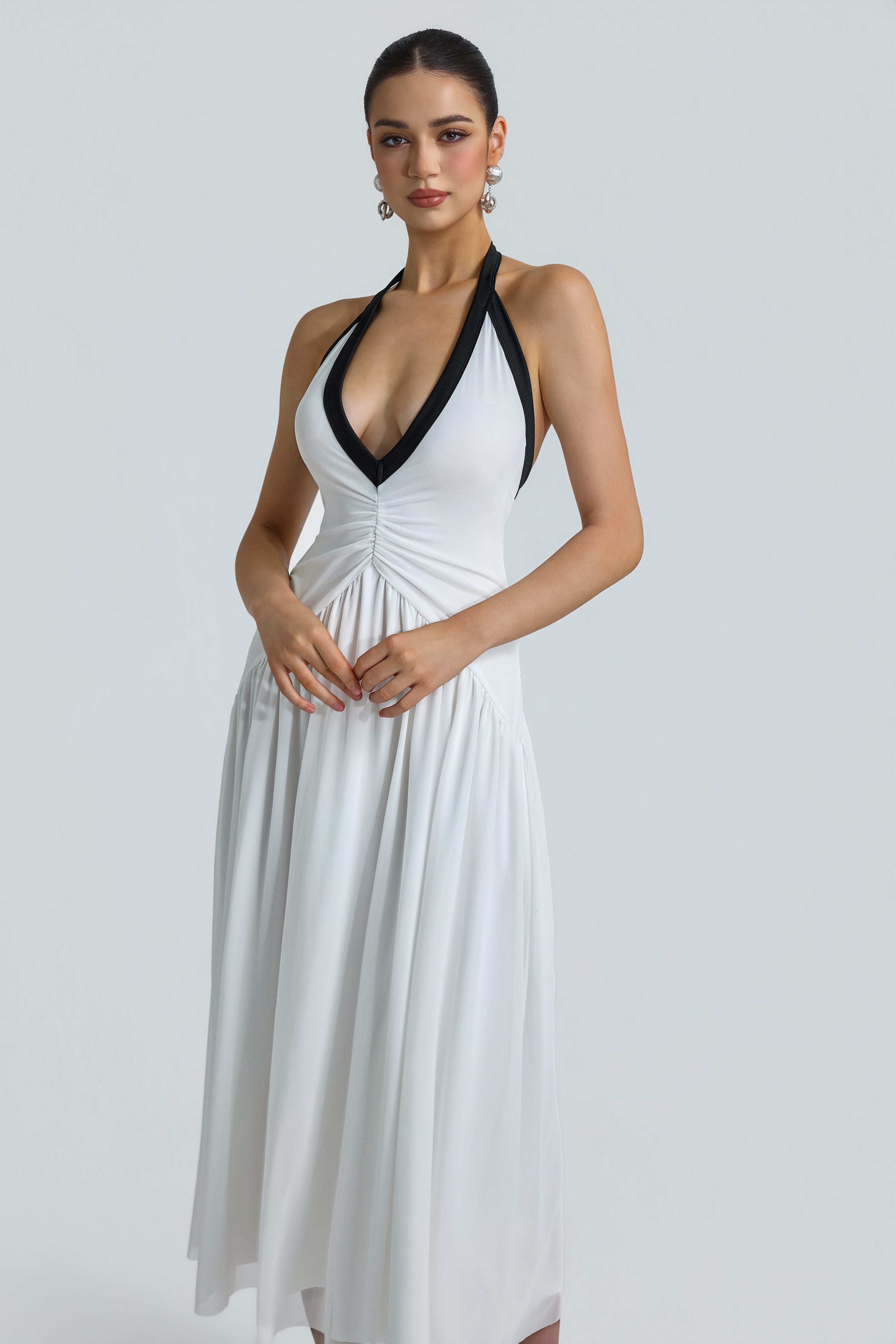 Mesh V-Neck Gathering Midi Dress