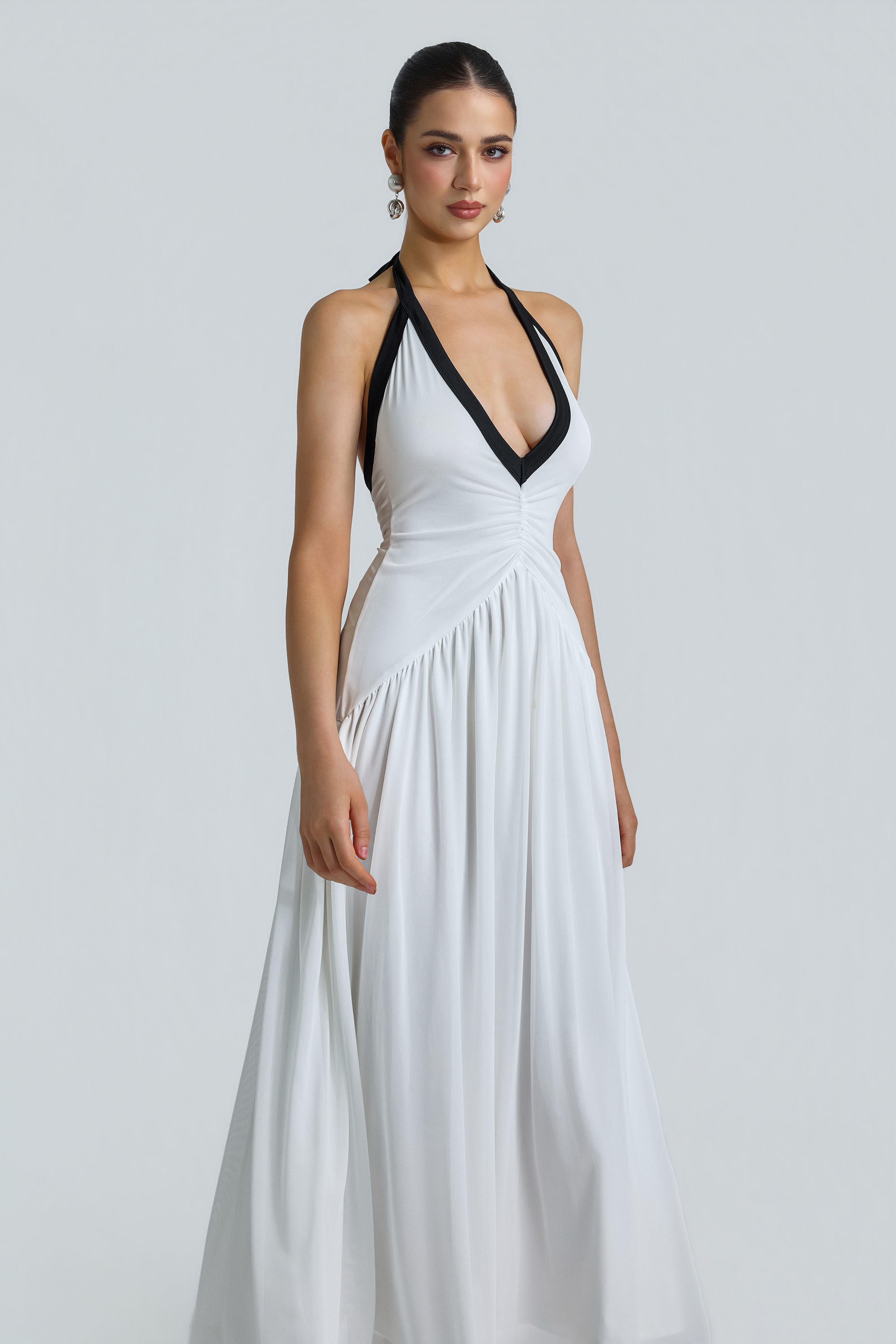 Mesh V-Neck Gathering Midi Dress