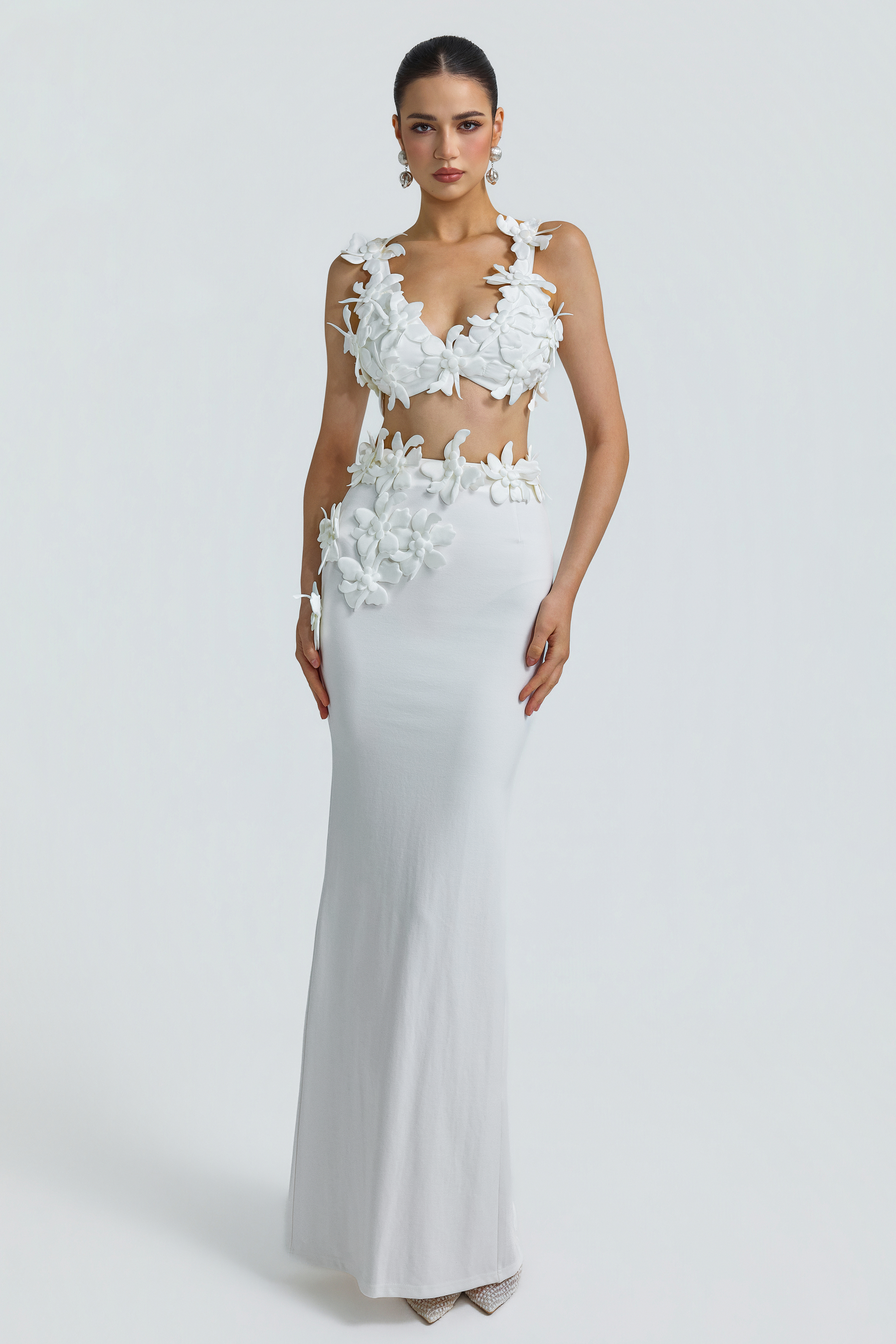 Jersey 3D Flower Top & Hight Waist Maxi Skirt Set