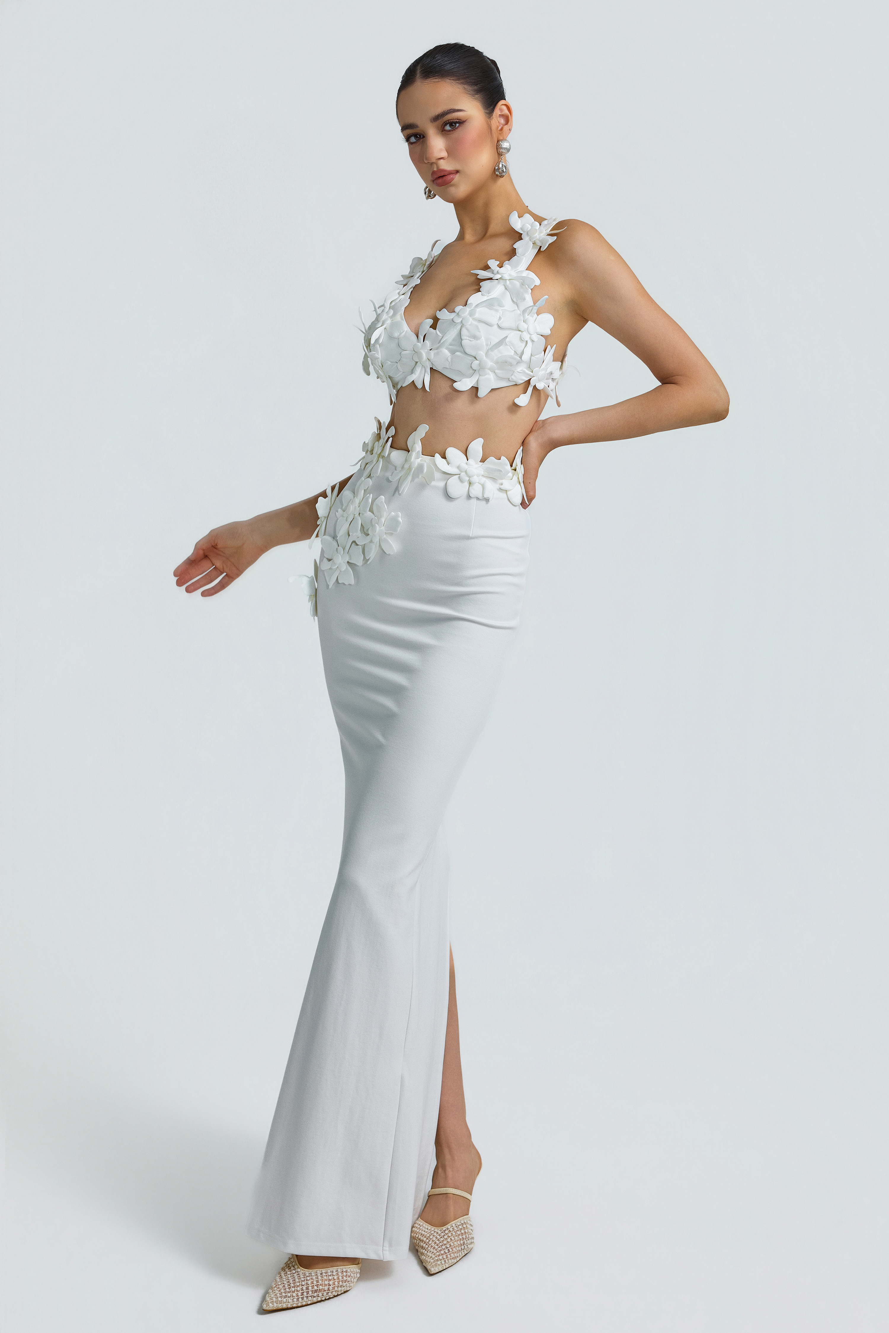 Jersey 3D Flower Top & Hight Waist Maxi Skirt Set