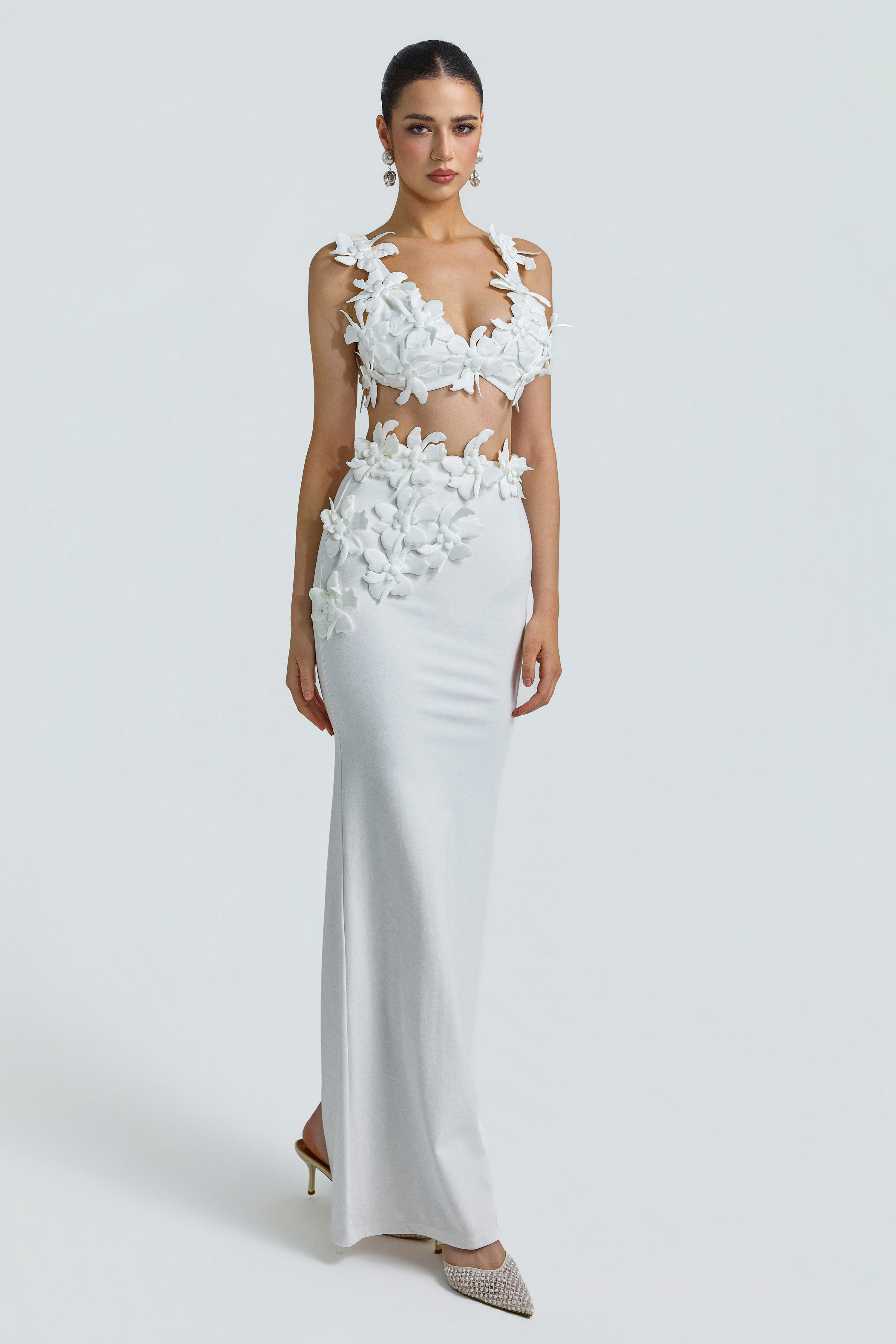 Jersey 3D Flower Top & Hight Waist Maxi Skirt Set