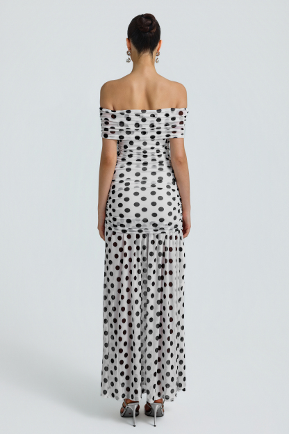 Mesh Polka Dot Off Shoulder Maxi Dress
