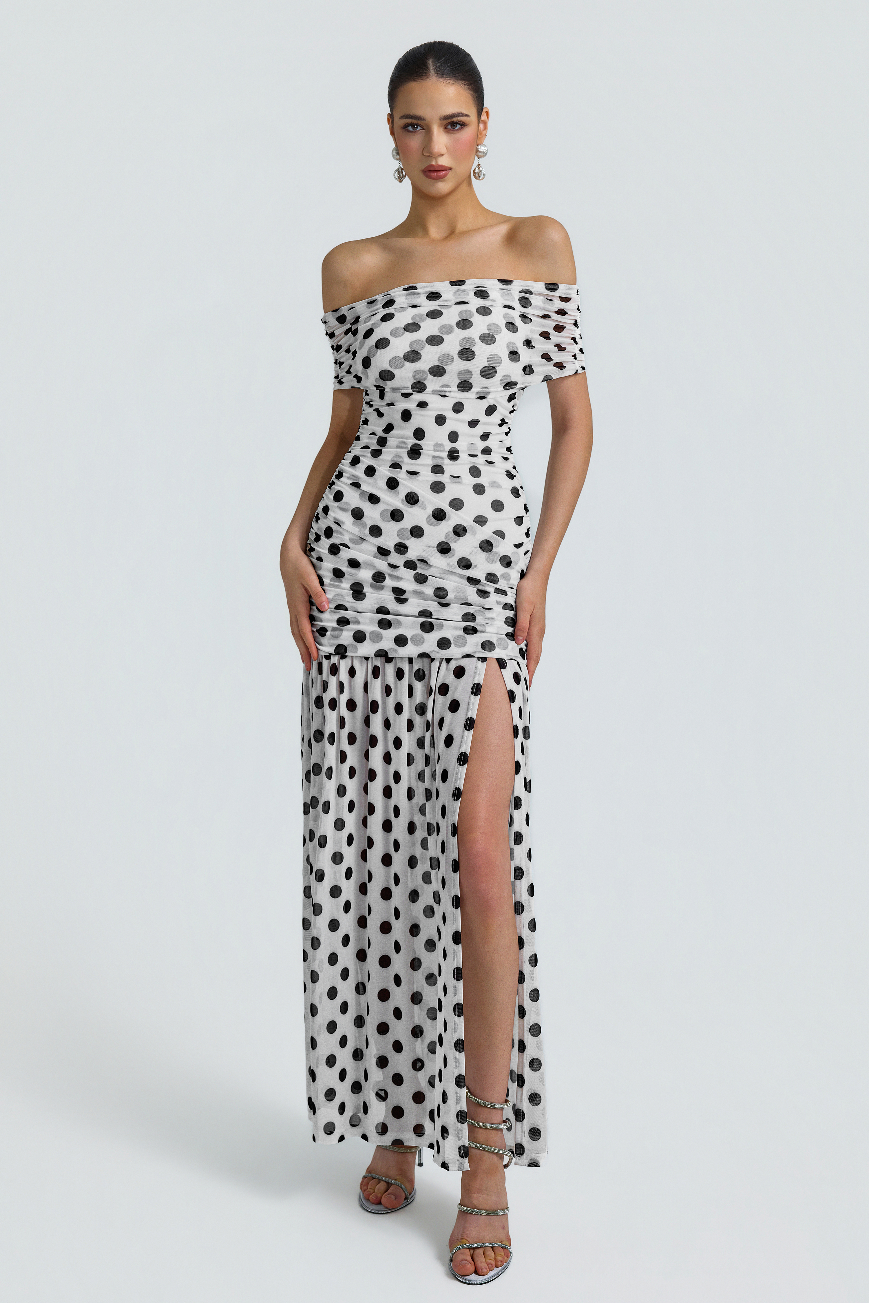 Mesh Polka Dot Off Shoulder Maxi Dress