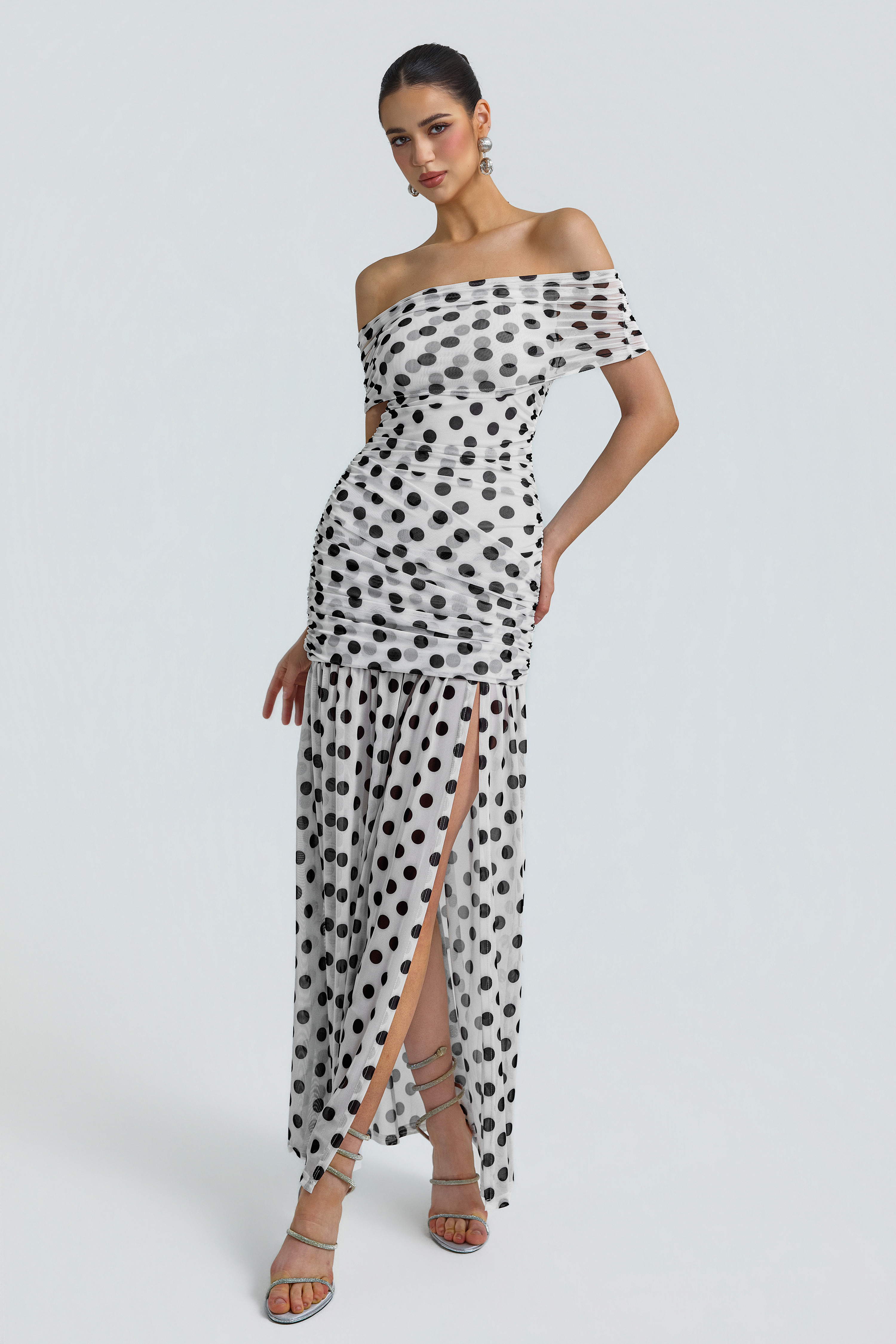 Mesh Polka Dot Off Shoulder Maxi Dress