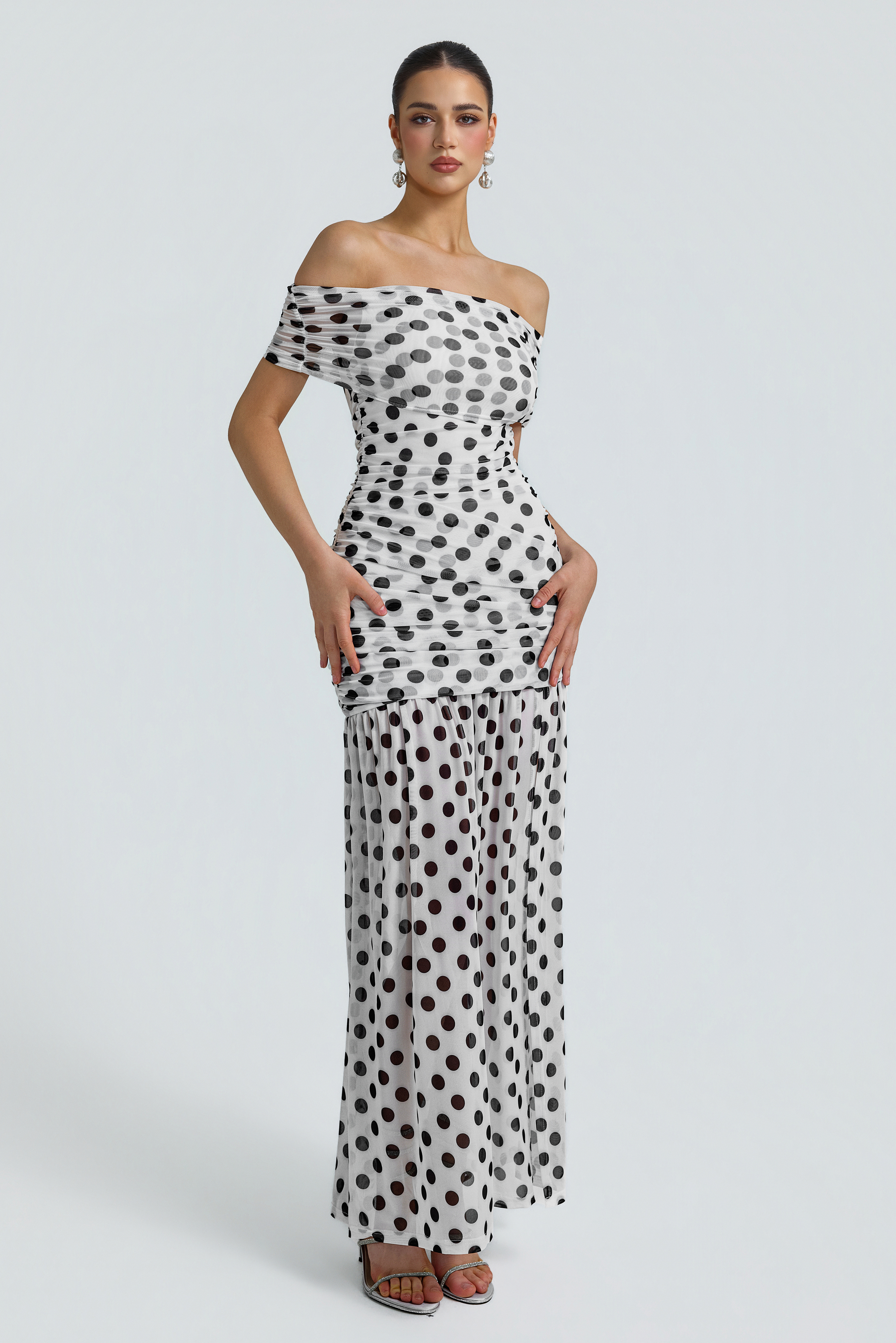 Mesh Polka Dot Off Shoulder Maxi Dress