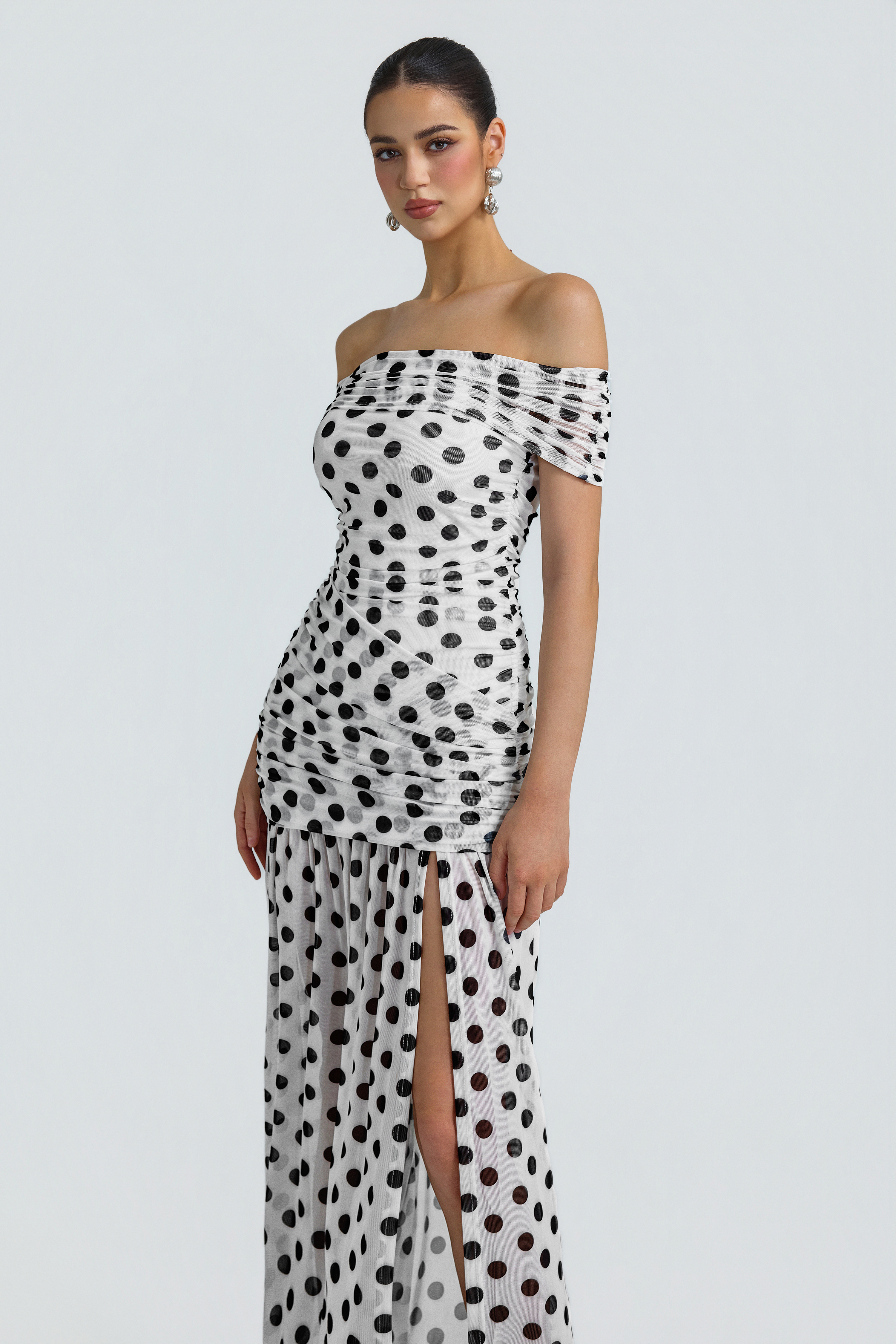 Mesh Polka Dot Off Shoulder Maxi Dress