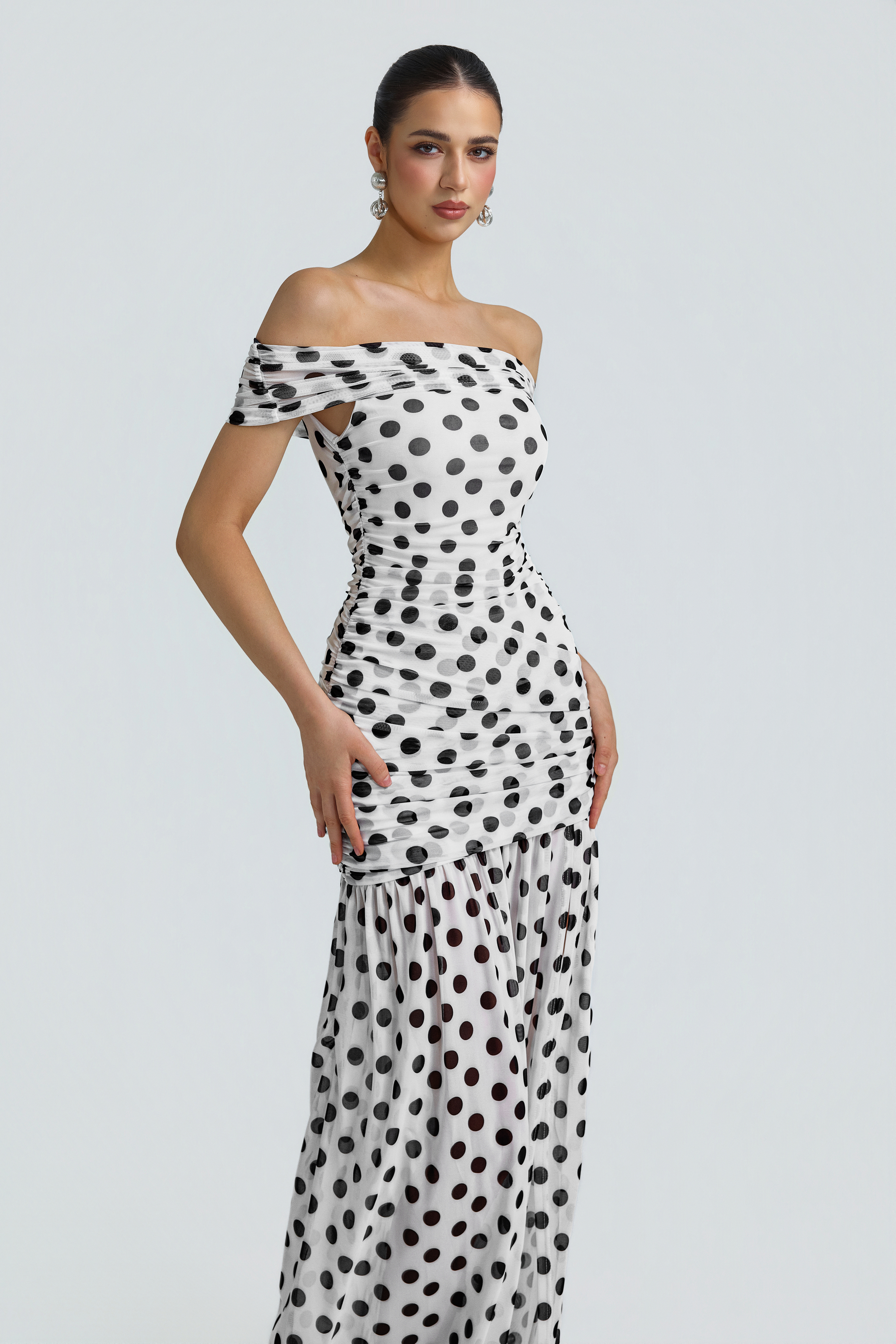 Mesh Polka Dot Off Shoulder Maxi Dress