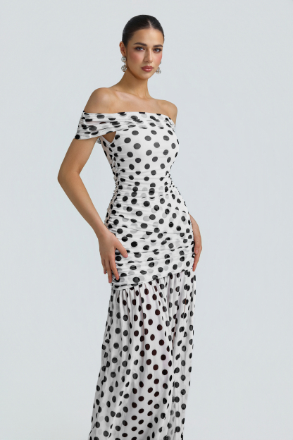 Mesh Polka Dot Off Shoulder Maxi Dress