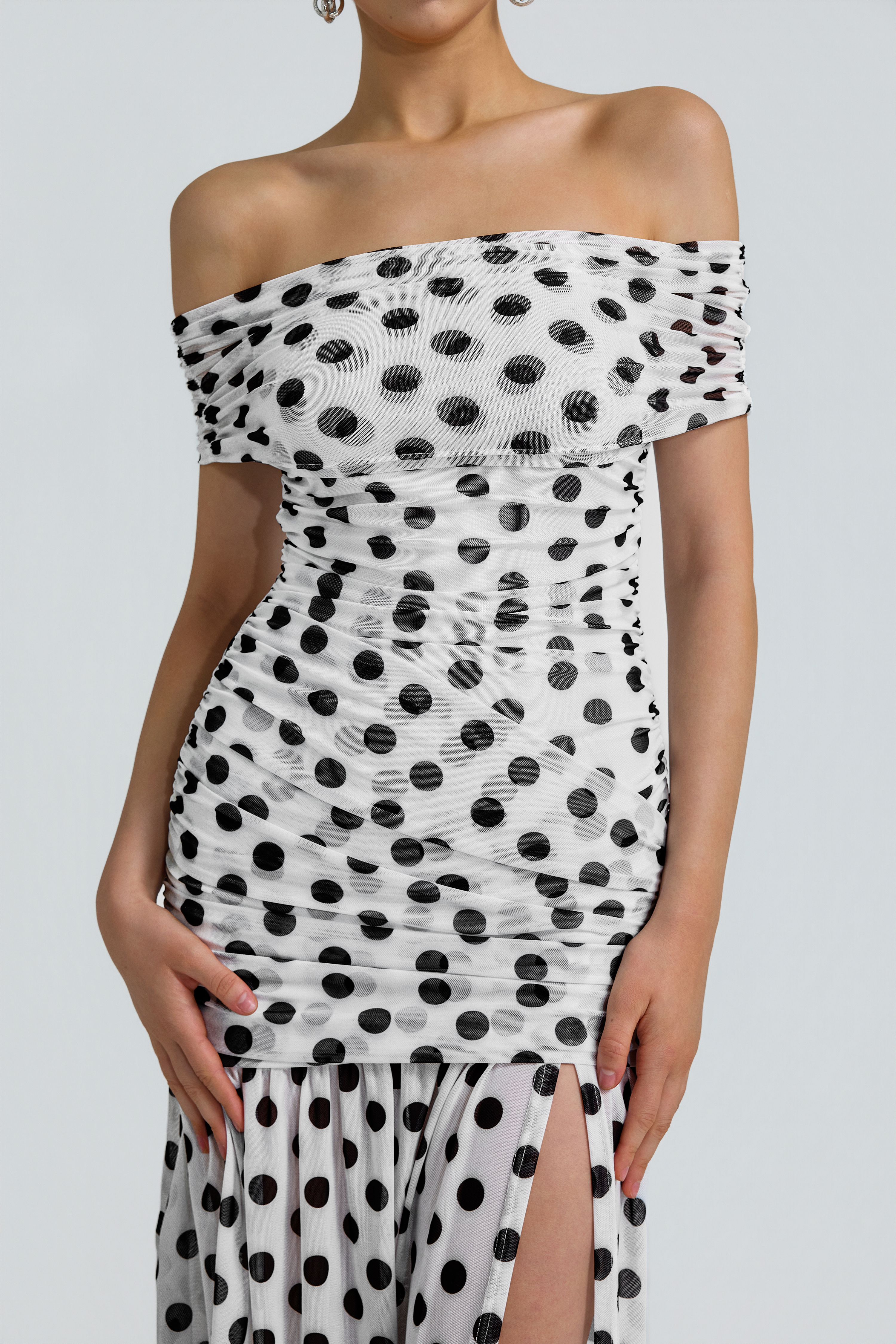 Mesh Polka Dot Off Shoulder Maxi Dress