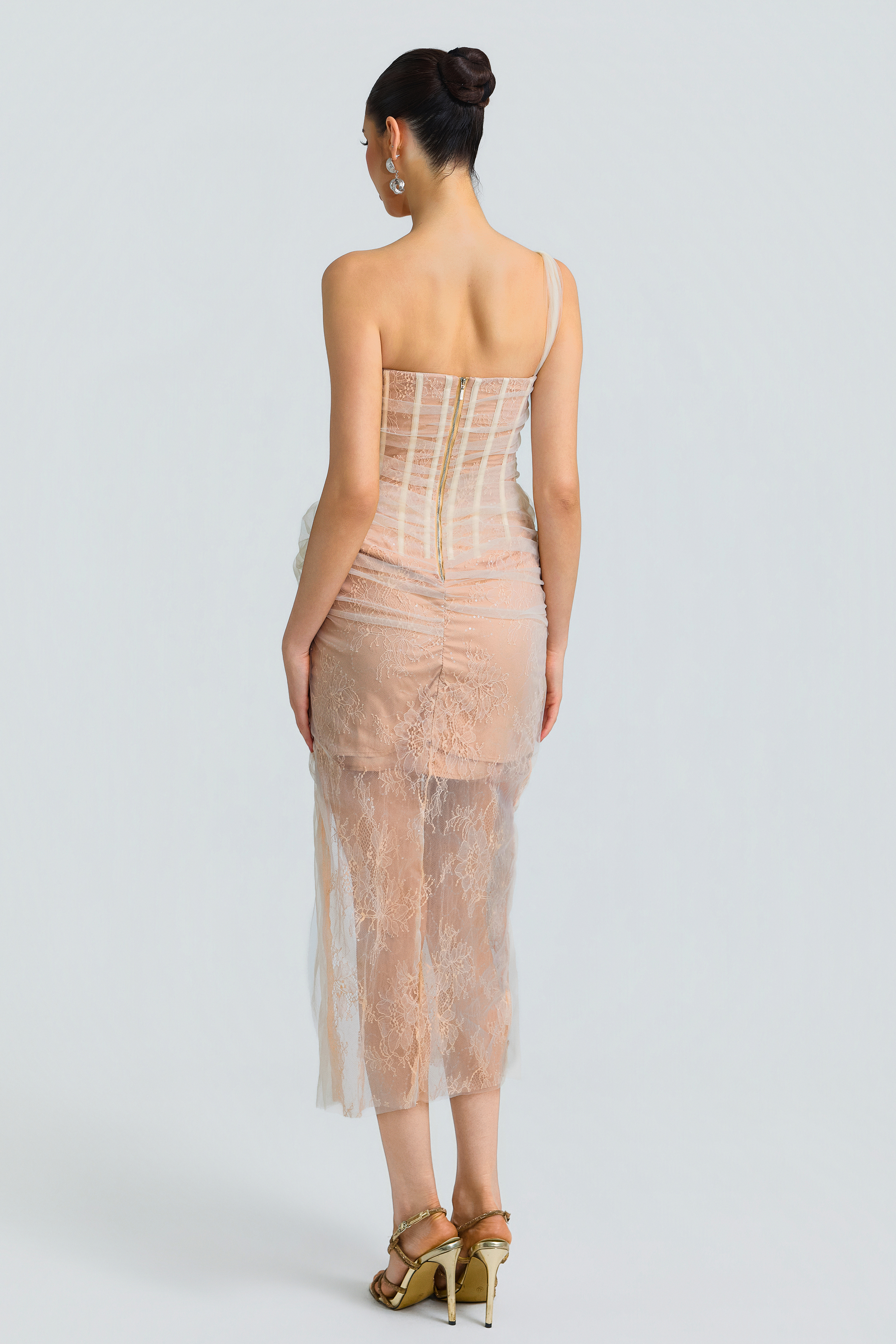 Lace Tulle Corset Draped Midi Dress