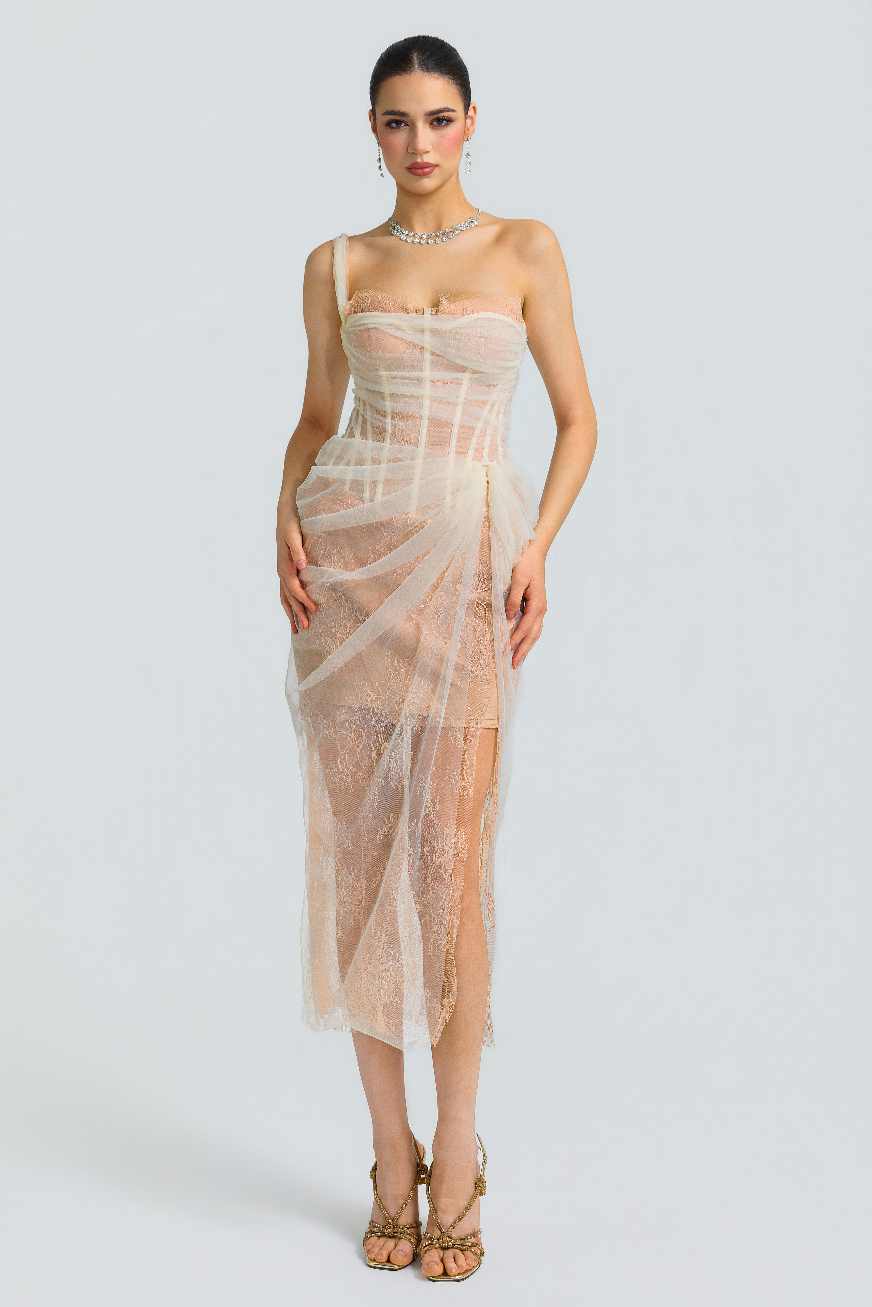 Lace Tulle Corset Draped Midi Dress