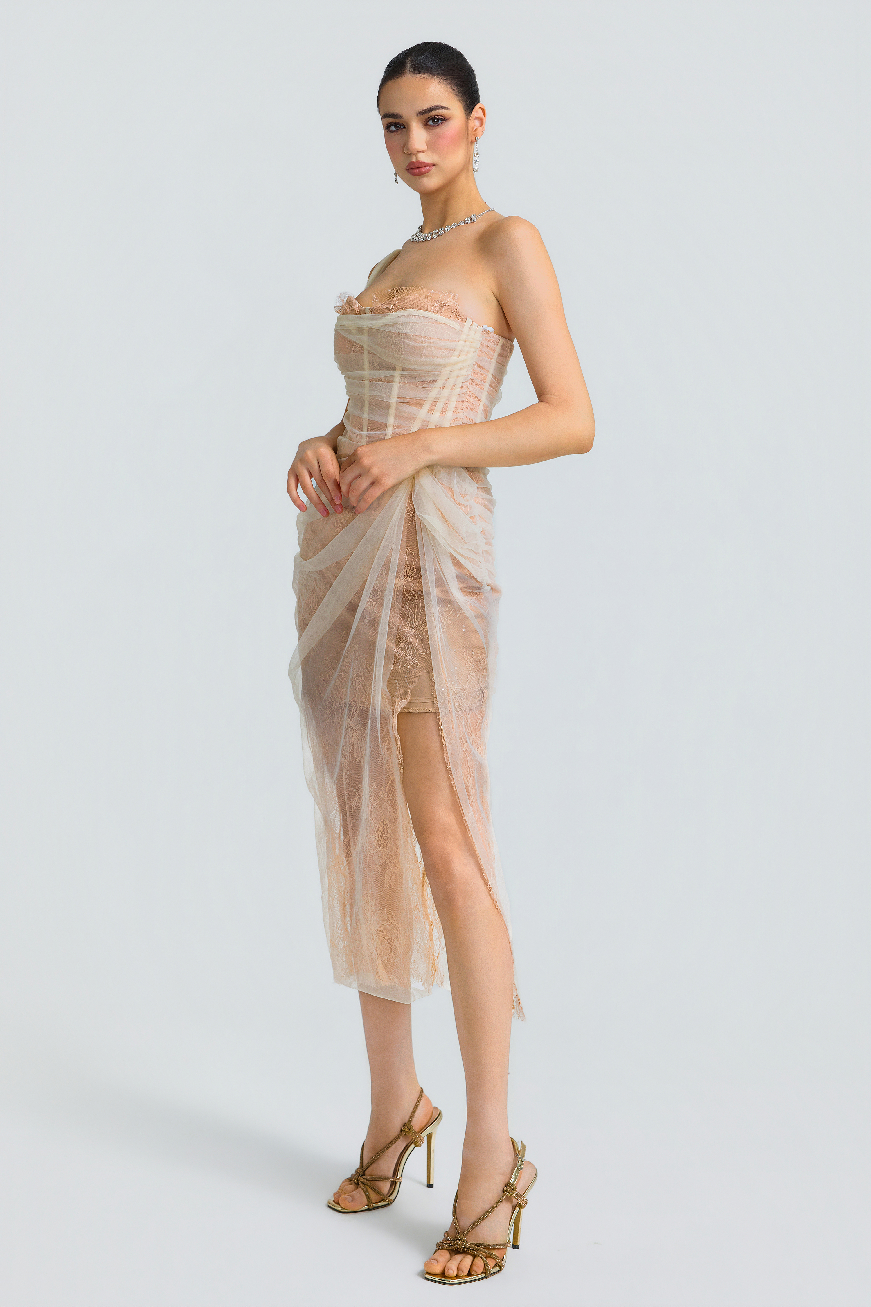 Lace Tulle Corset Draped Midi Dress