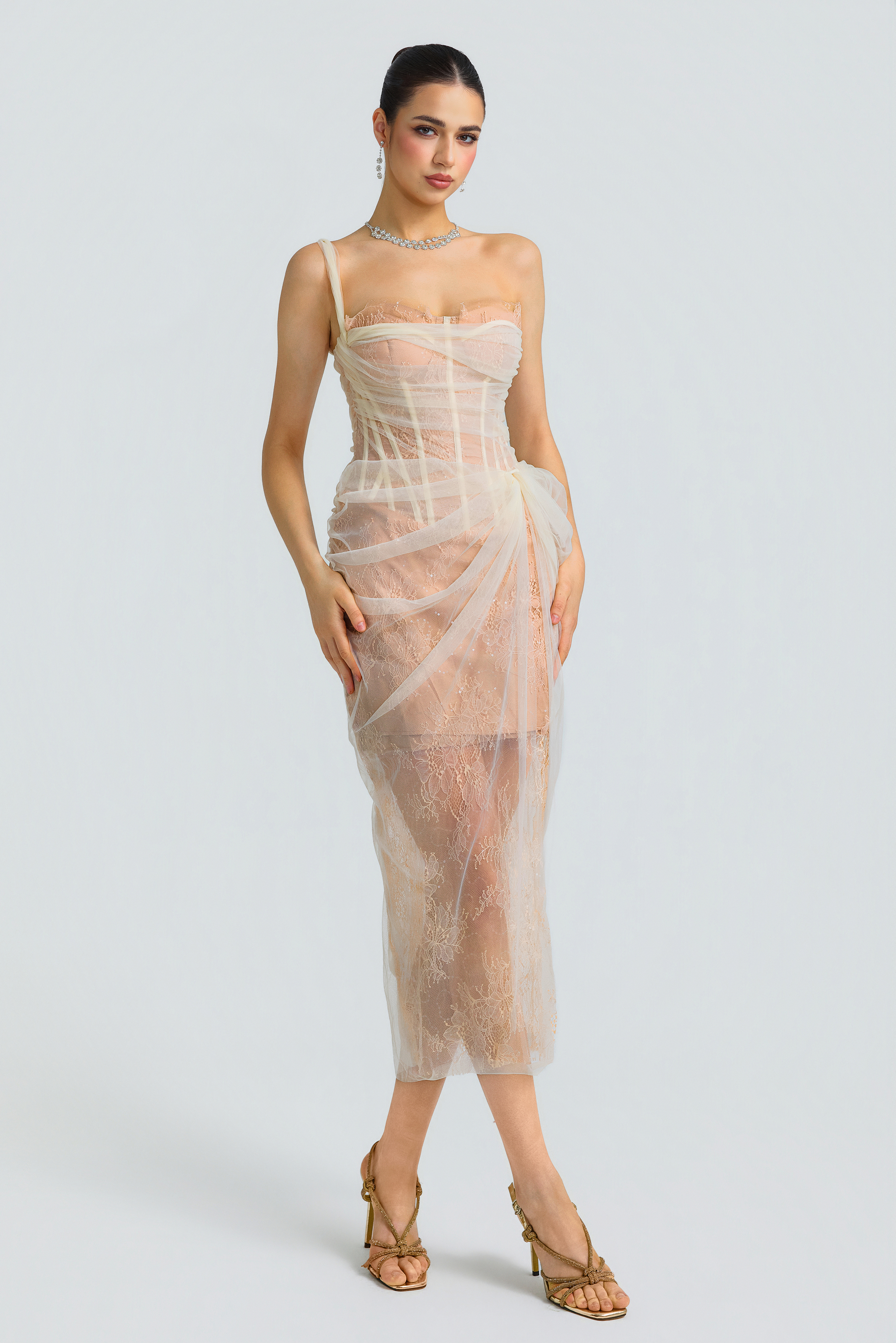 Lace Tulle Corset Draped Midi Dress