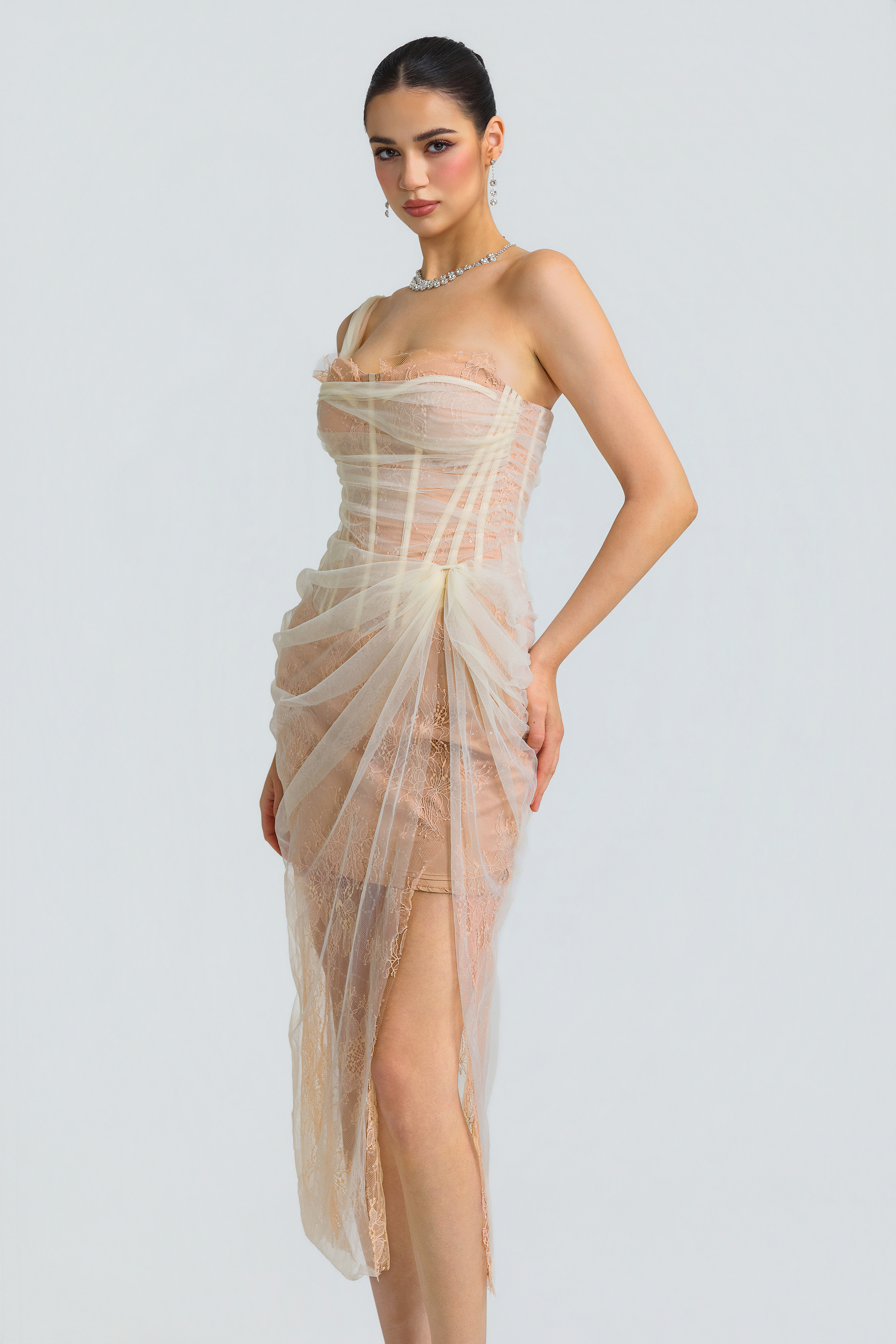 Lace Tulle Corset Draped Midi Dress