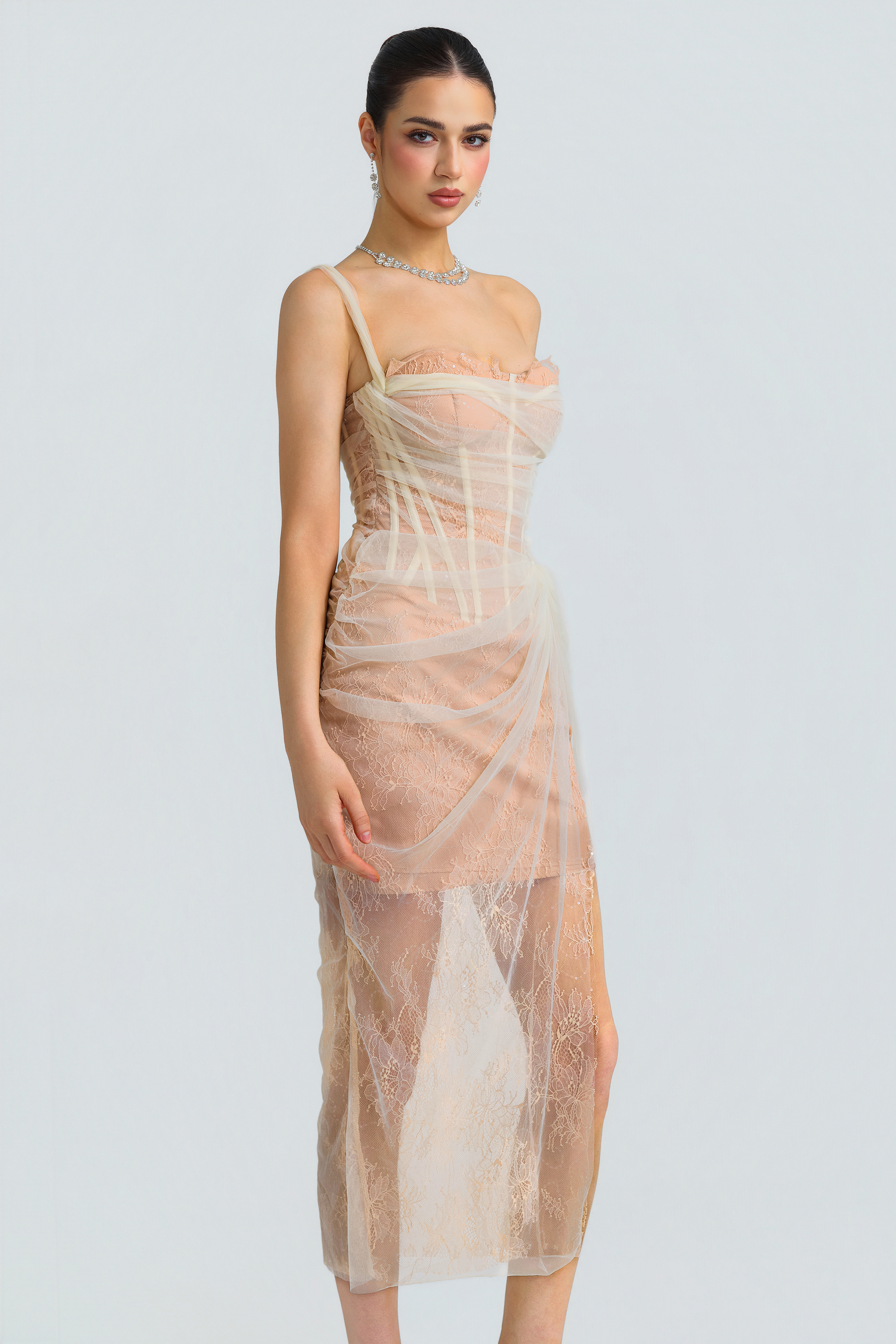 Lace Tulle Corset Draped Midi Dress