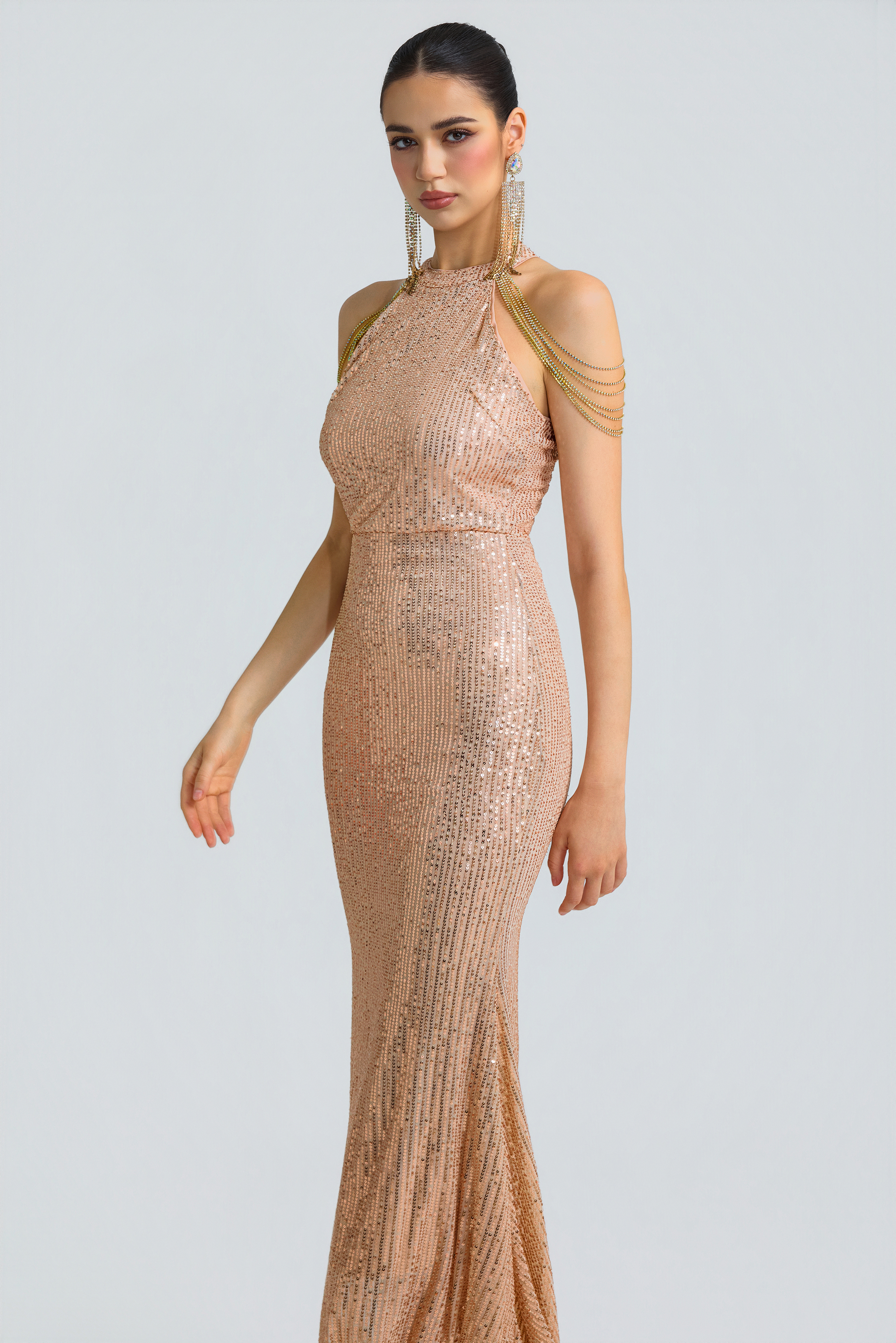 Sequin Halter Neck Tassel Maxi Dress