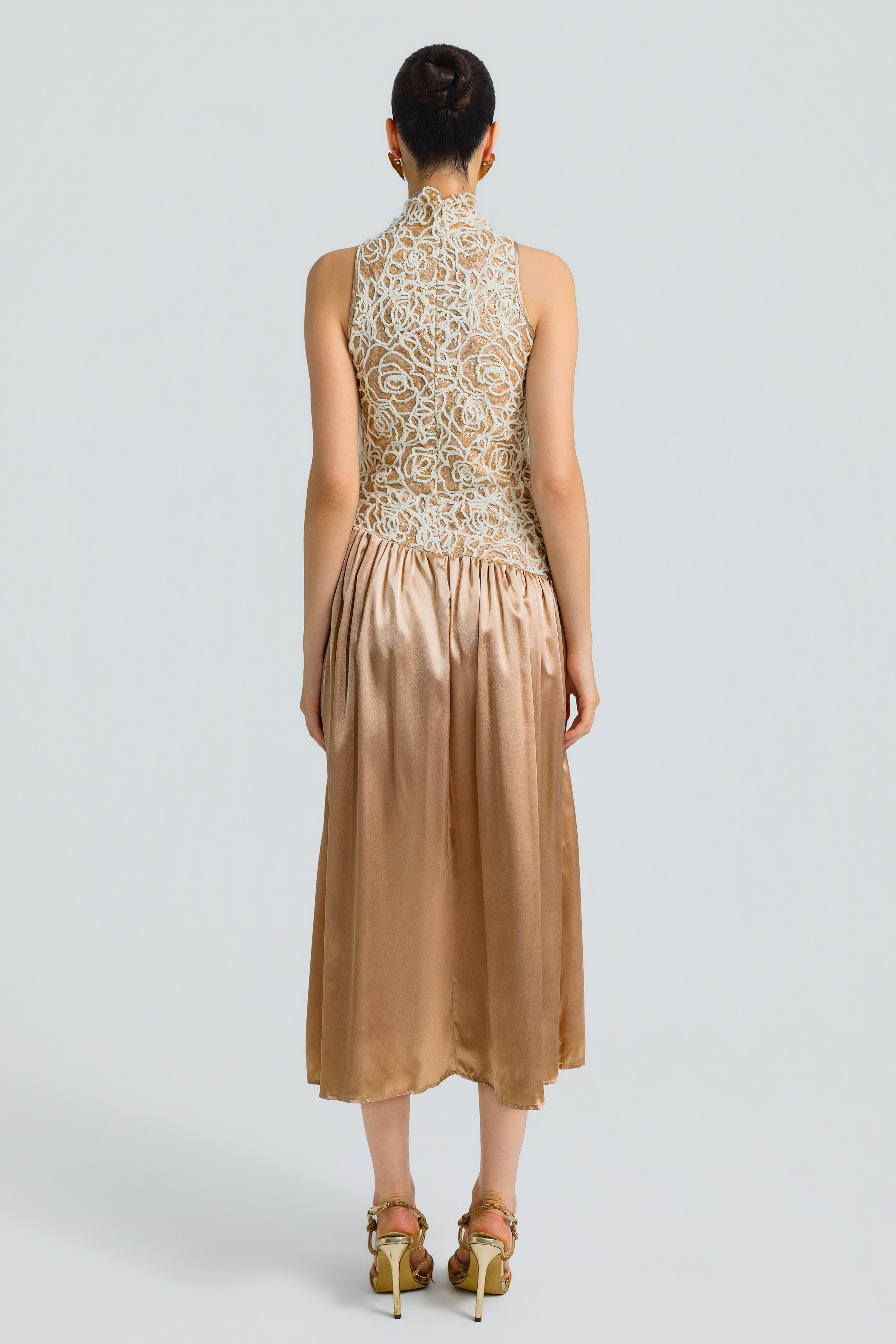 Sequin Patchwork Satin Sleeveless Mock Neck Midi Dress