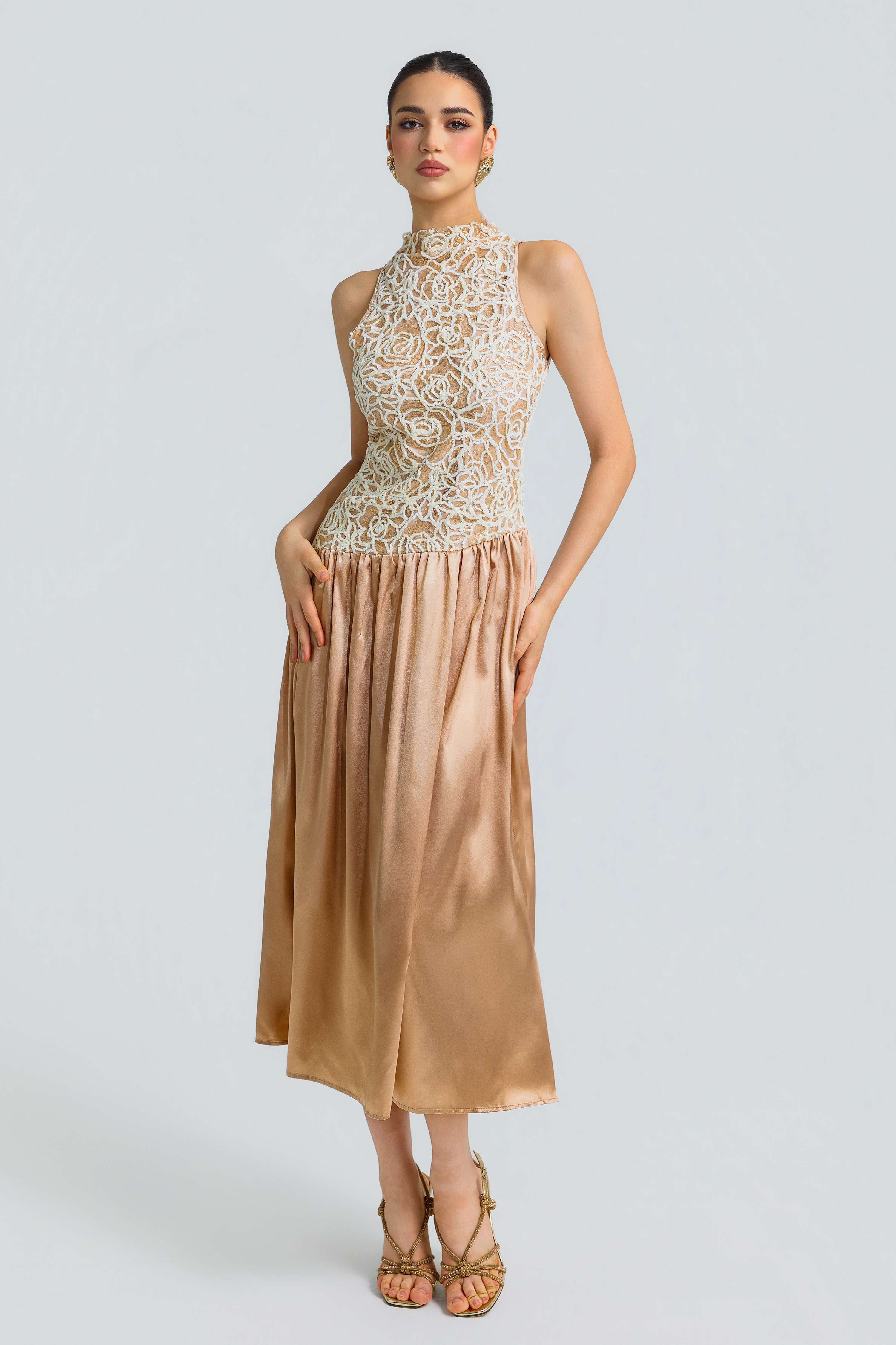 Sequin Patchwork Satin Sleeveless Mock Neck Midi Dress