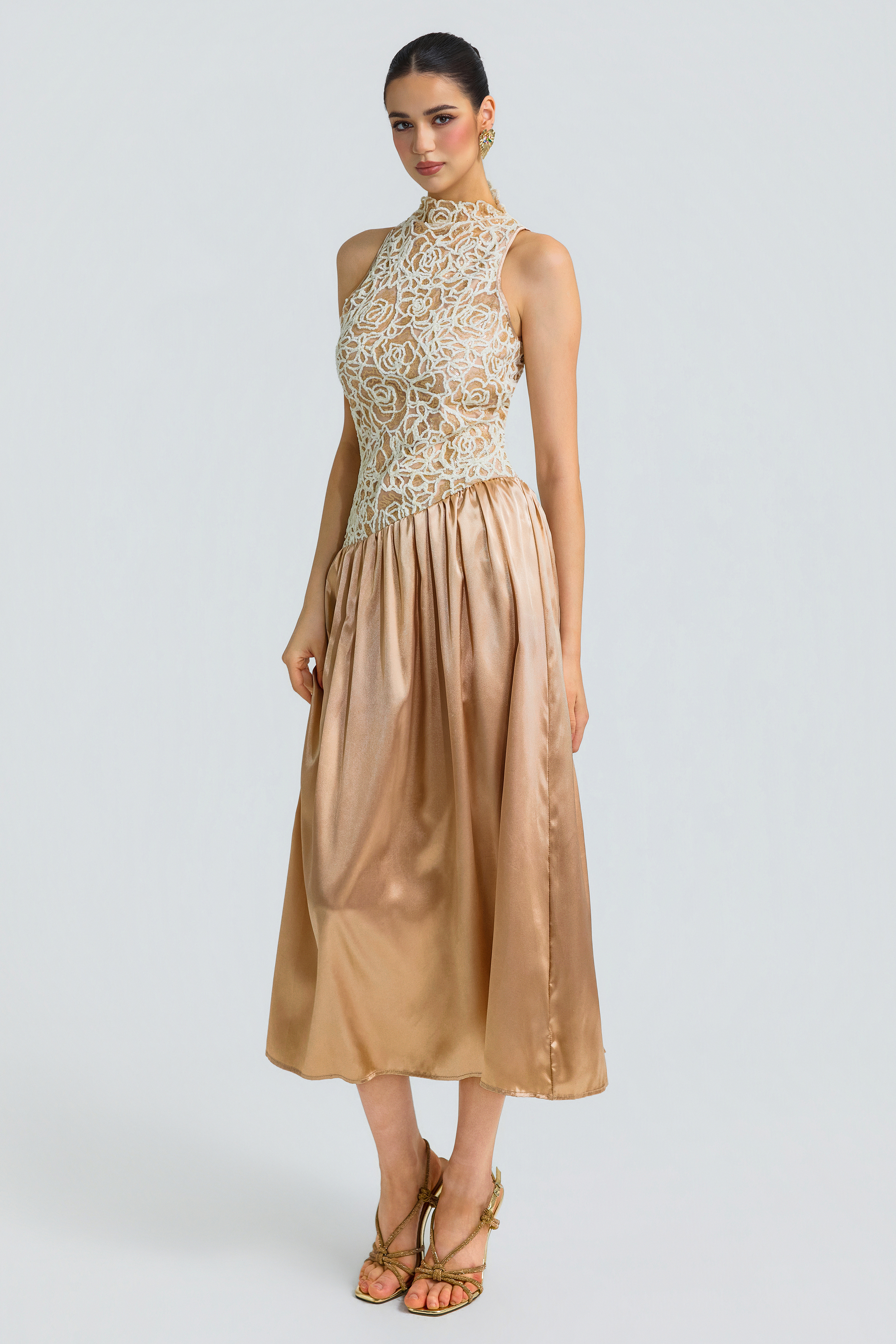 Sequin Patchwork Satin Sleeveless Mock Neck Midi Dress