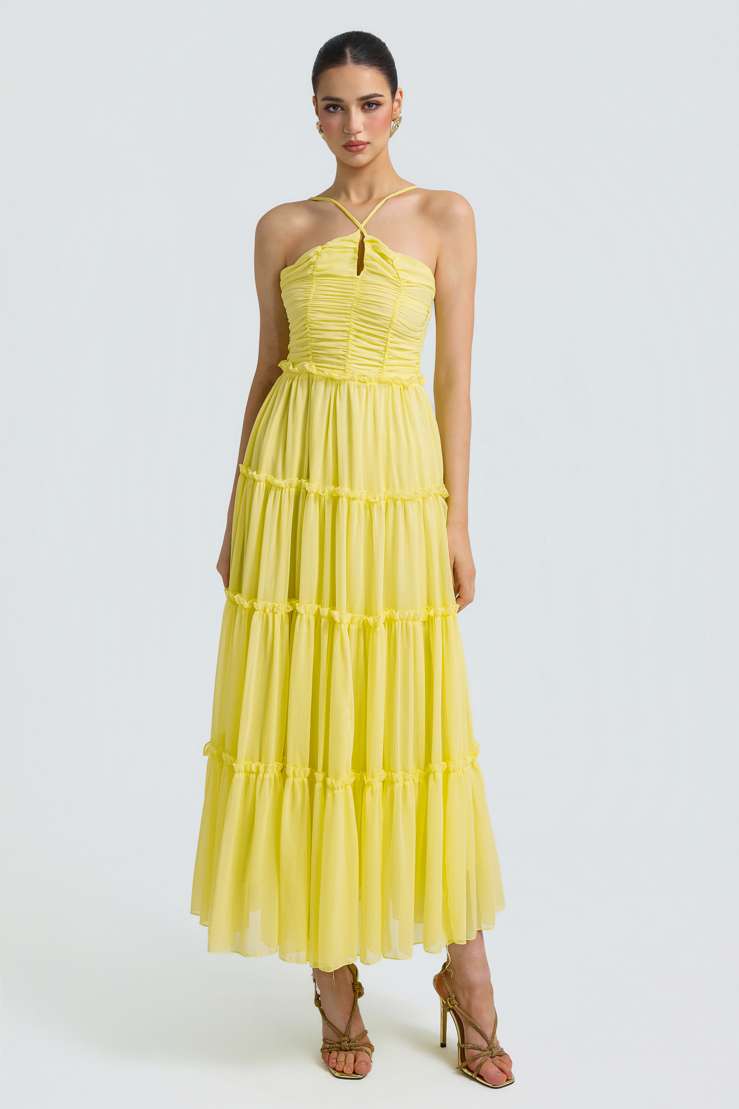 Chiffon Gathering Smocking Midi Dress
