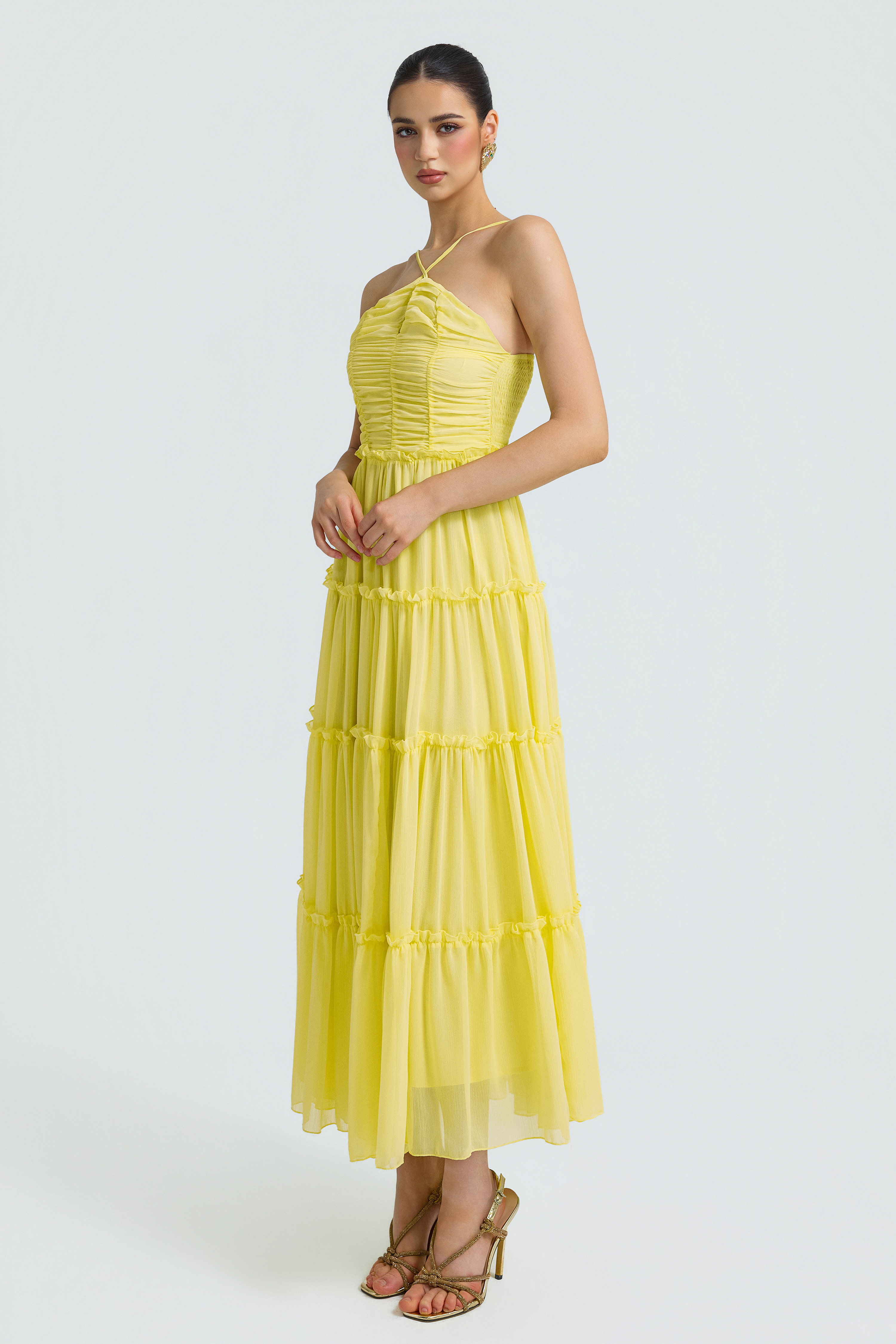 Chiffon Gathering Smocking Midi Dress