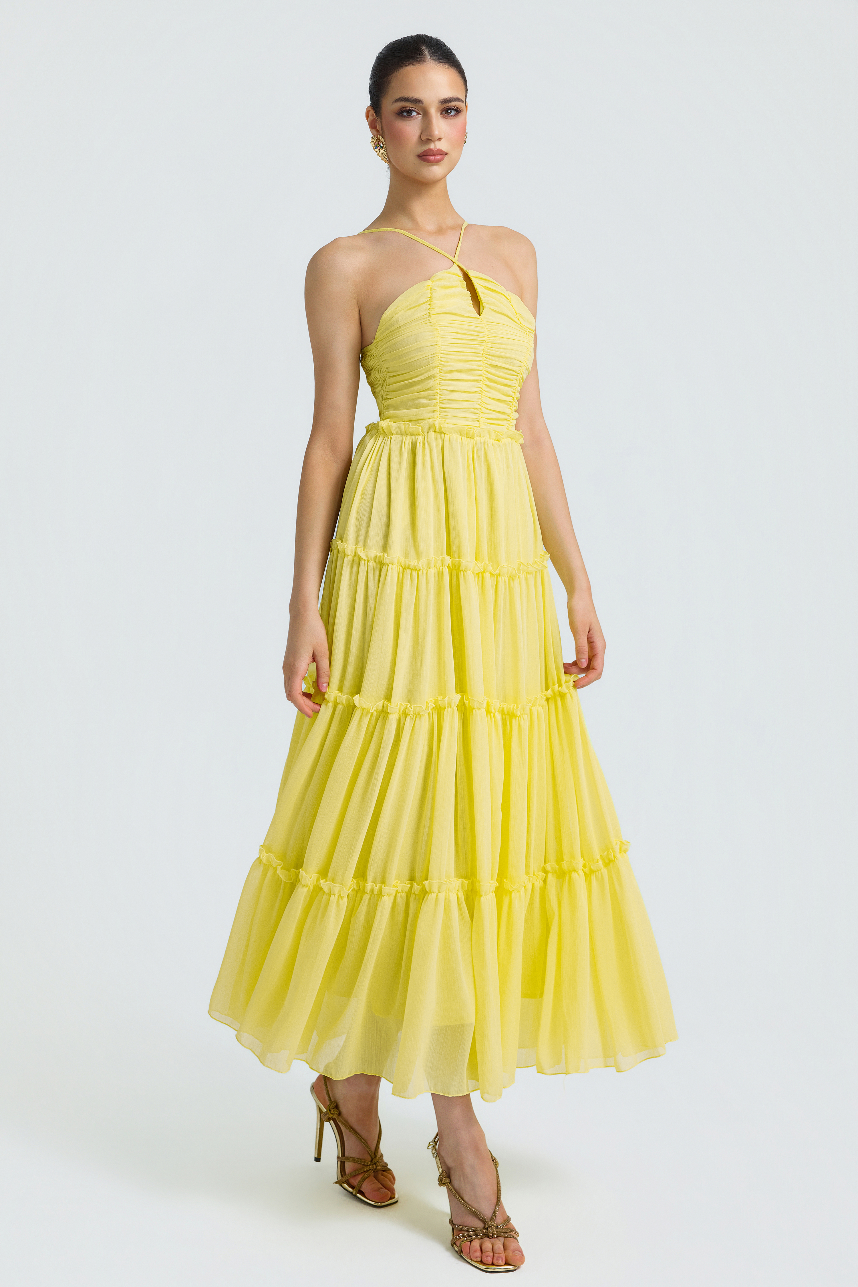 Chiffon Gathering Smocking Midi Dress